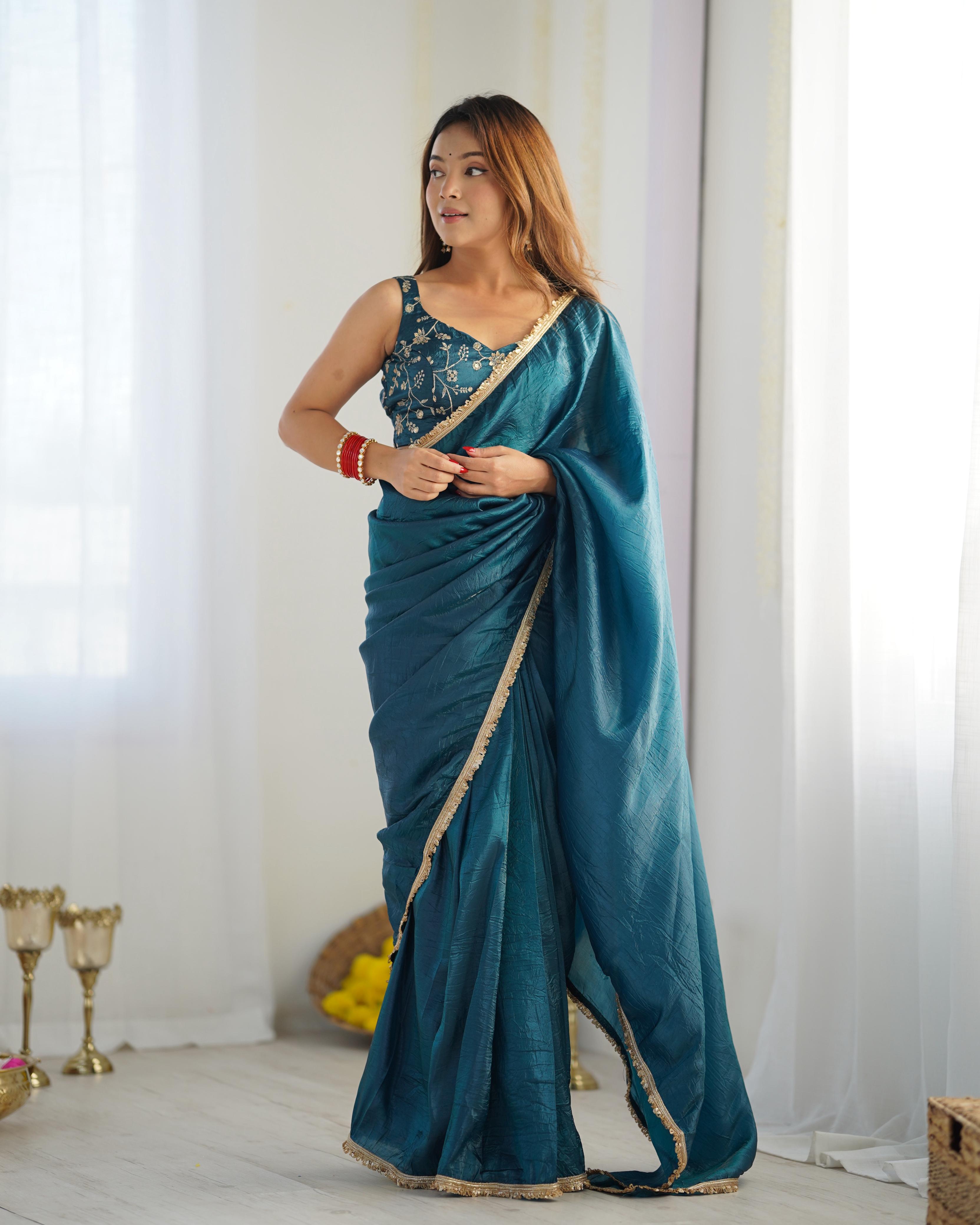 Teal Blue Ready-To-Wear Gold Crush Tissue Silk Saree