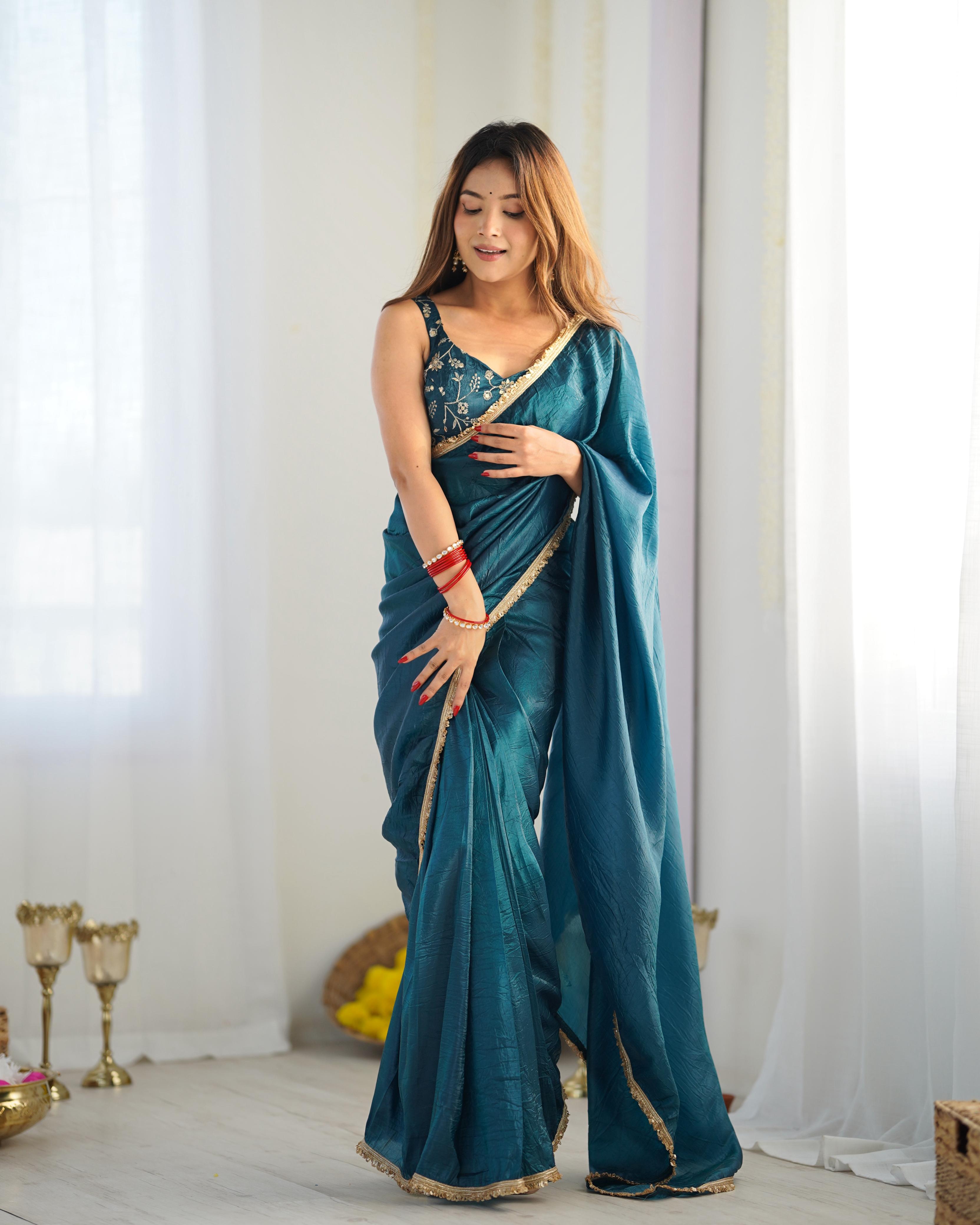 Teal Blue Ready-To-Wear Gold Crush Tissue Silk Saree