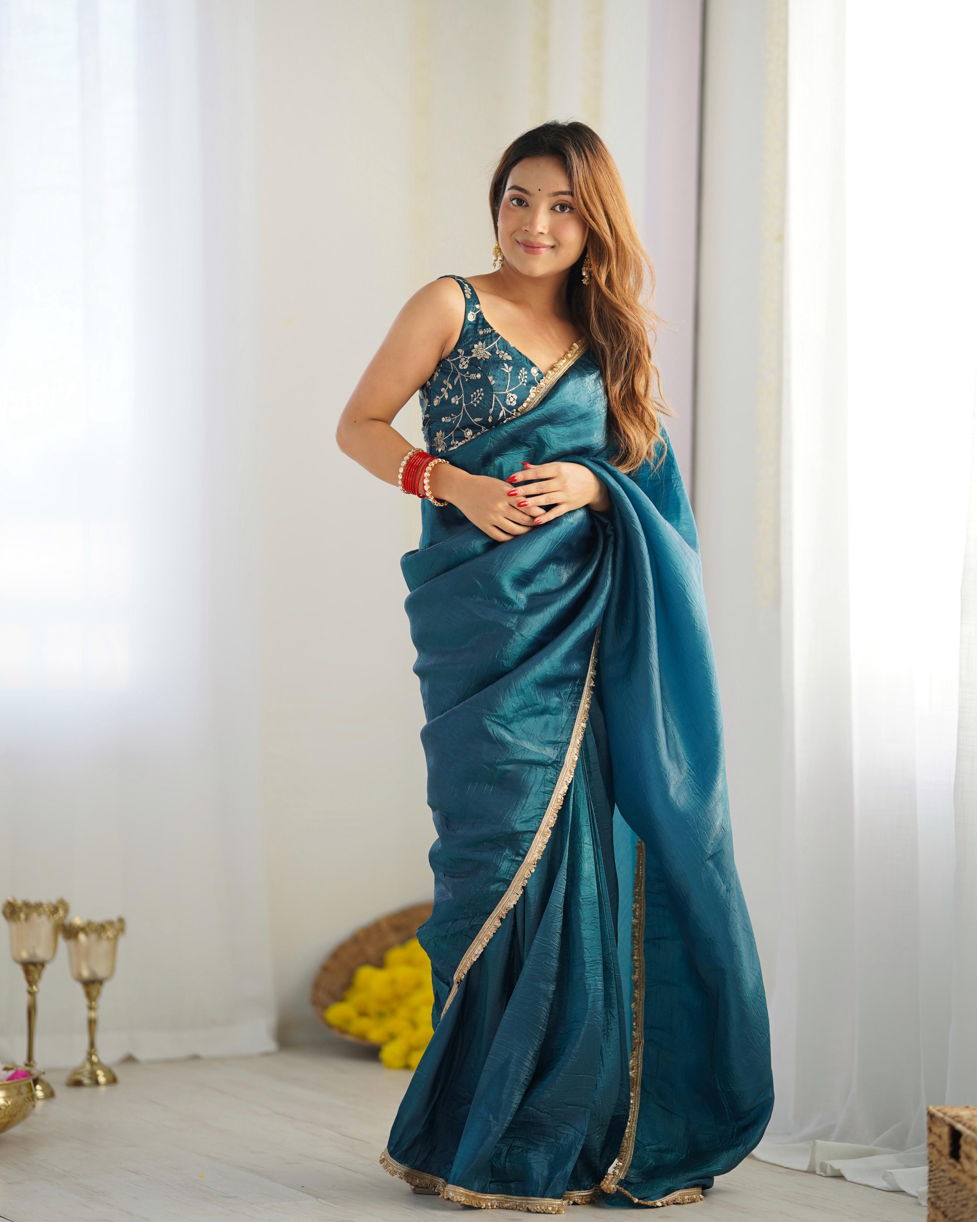 Teal Blue Ready-To-Wear Gold Crush Tissue Silk Saree