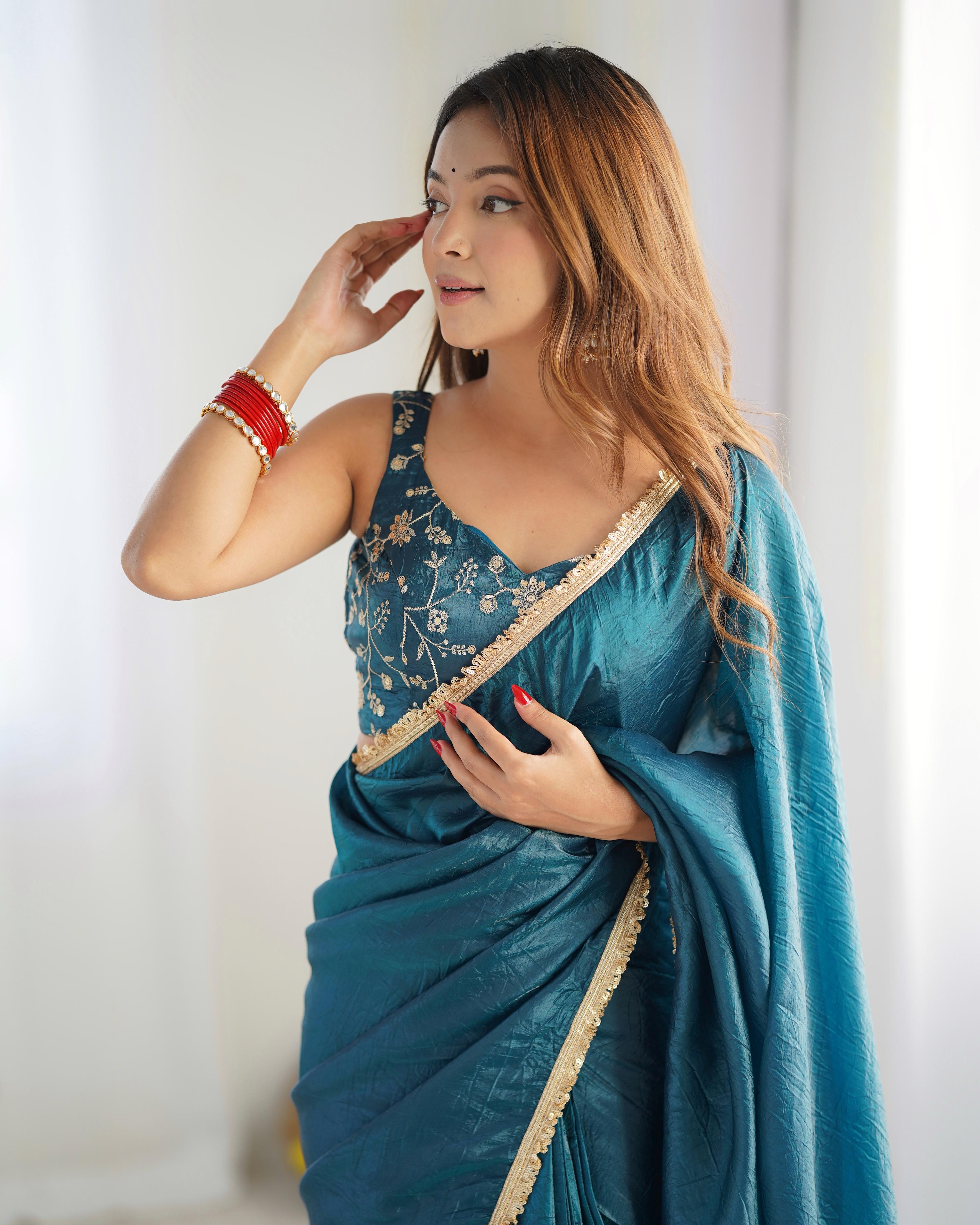 Teal Blue Ready-To-Wear Gold Crush Tissue Silk Saree