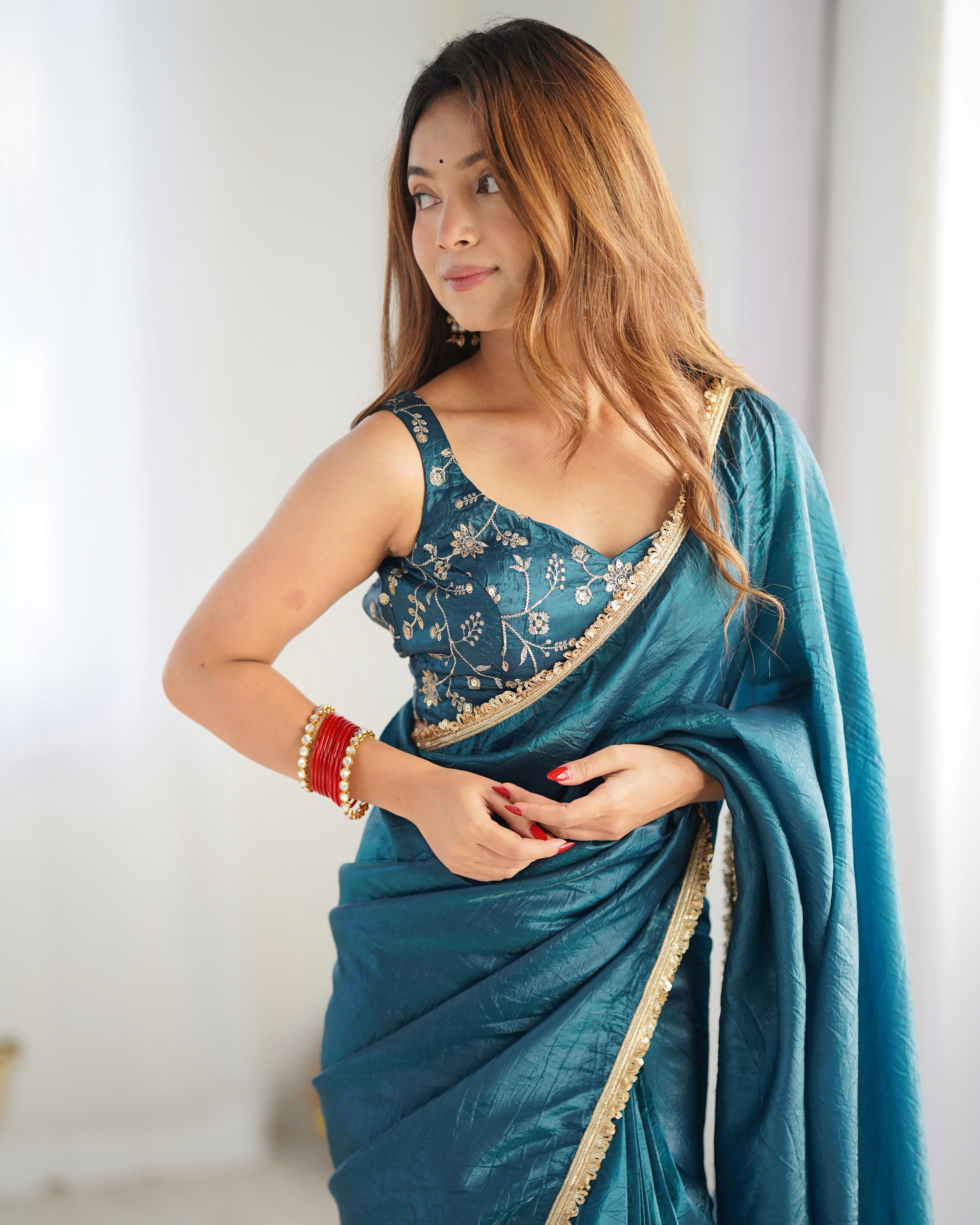 Teal Blue Ready-To-Wear Gold Crush Tissue Silk Saree