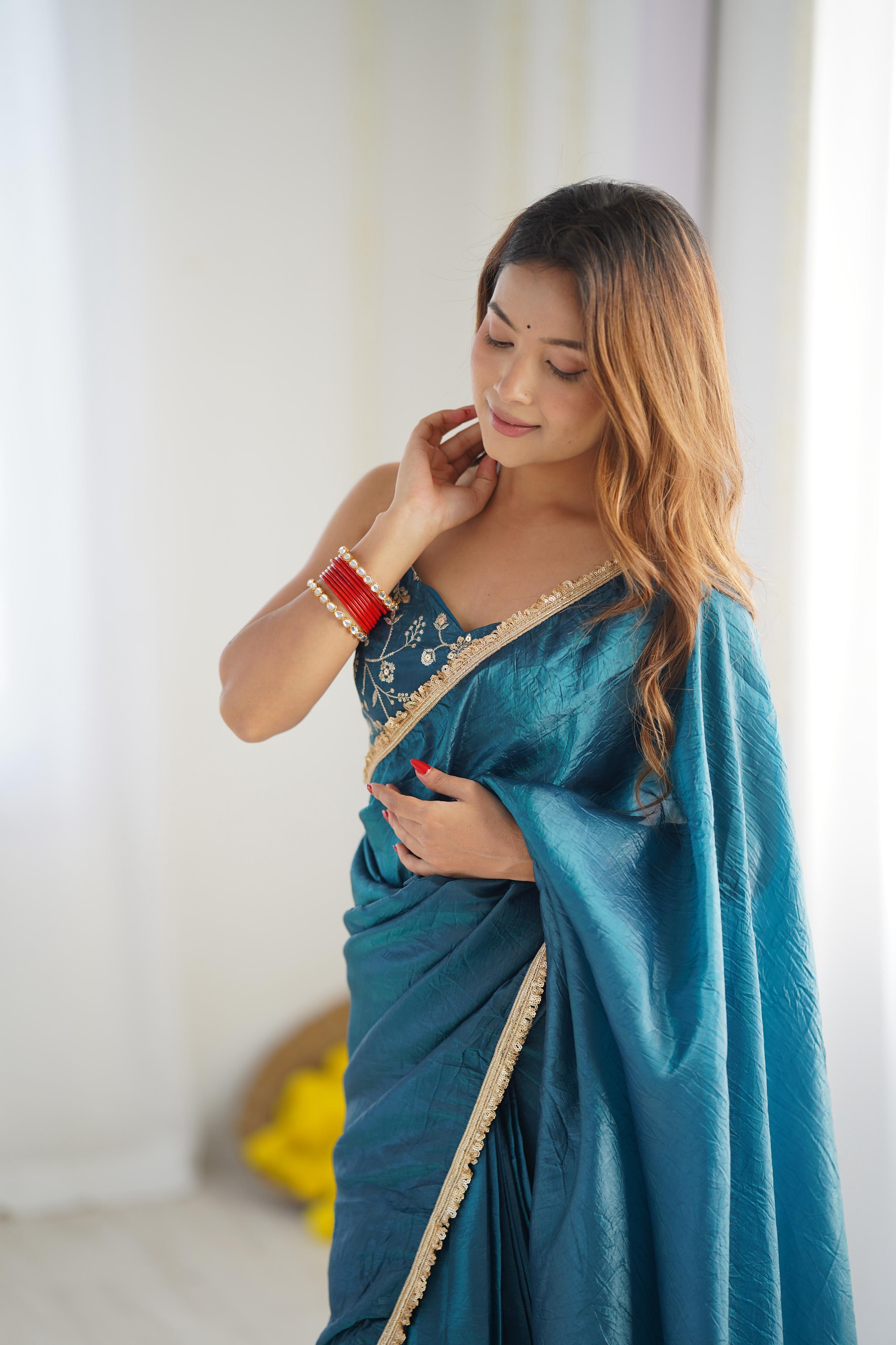 Teal Blue Ready-To-Wear Gold Crush Tissue Silk Saree