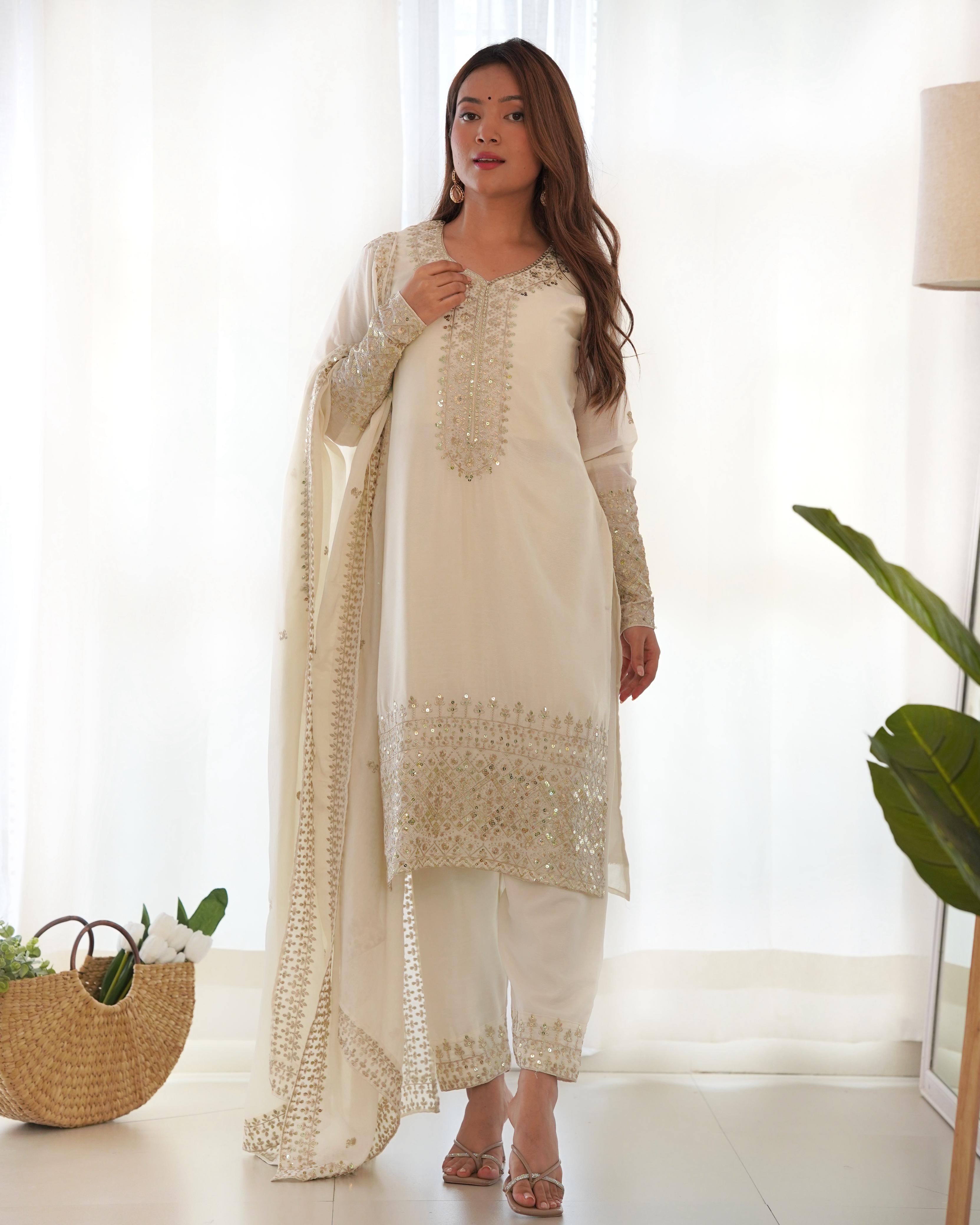 White Pure Chinon Silk Kurta Suit Set With Dupatta & Pant