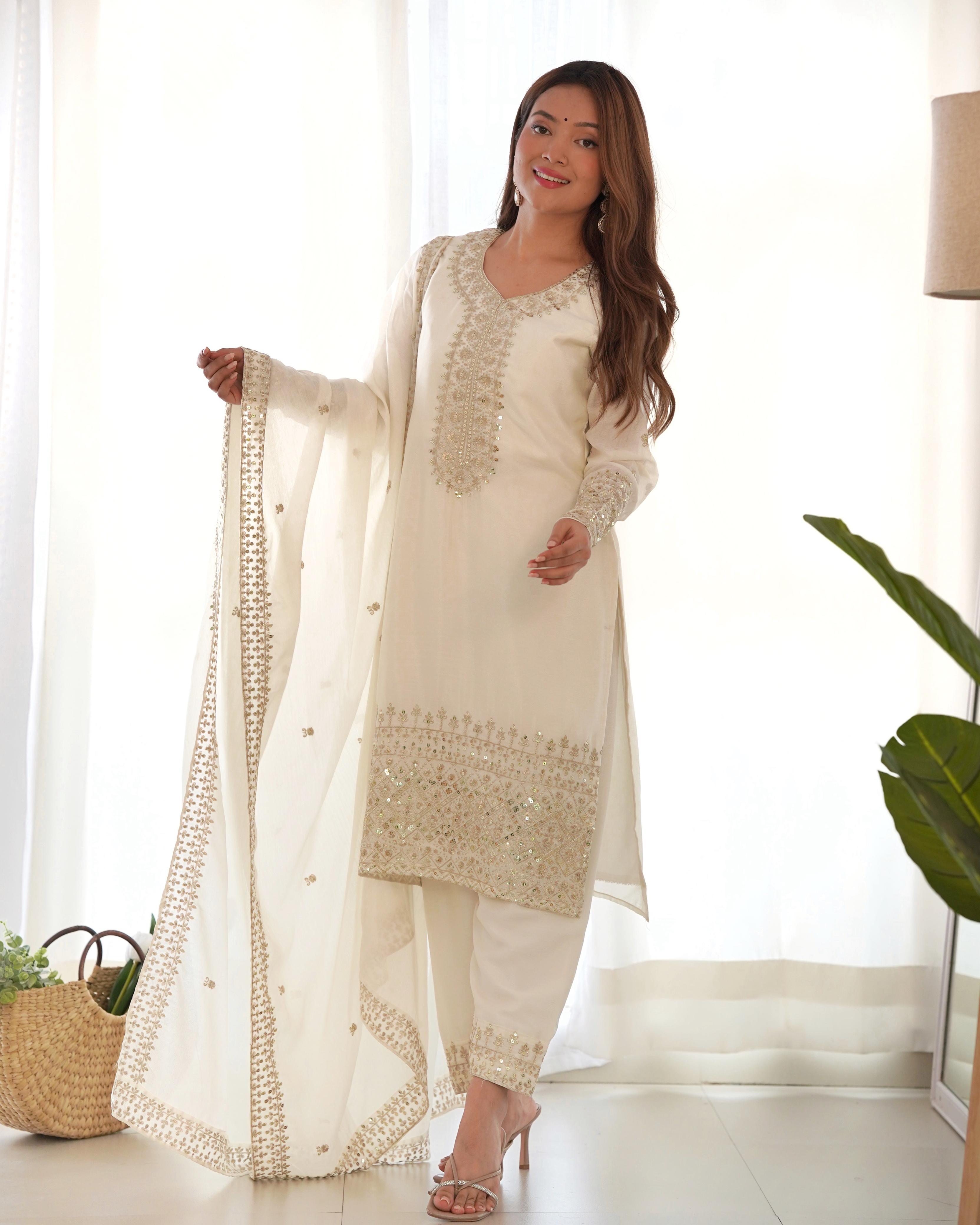 White Pure Chinon Silk Kurta Suit Set With Dupatta & Pant