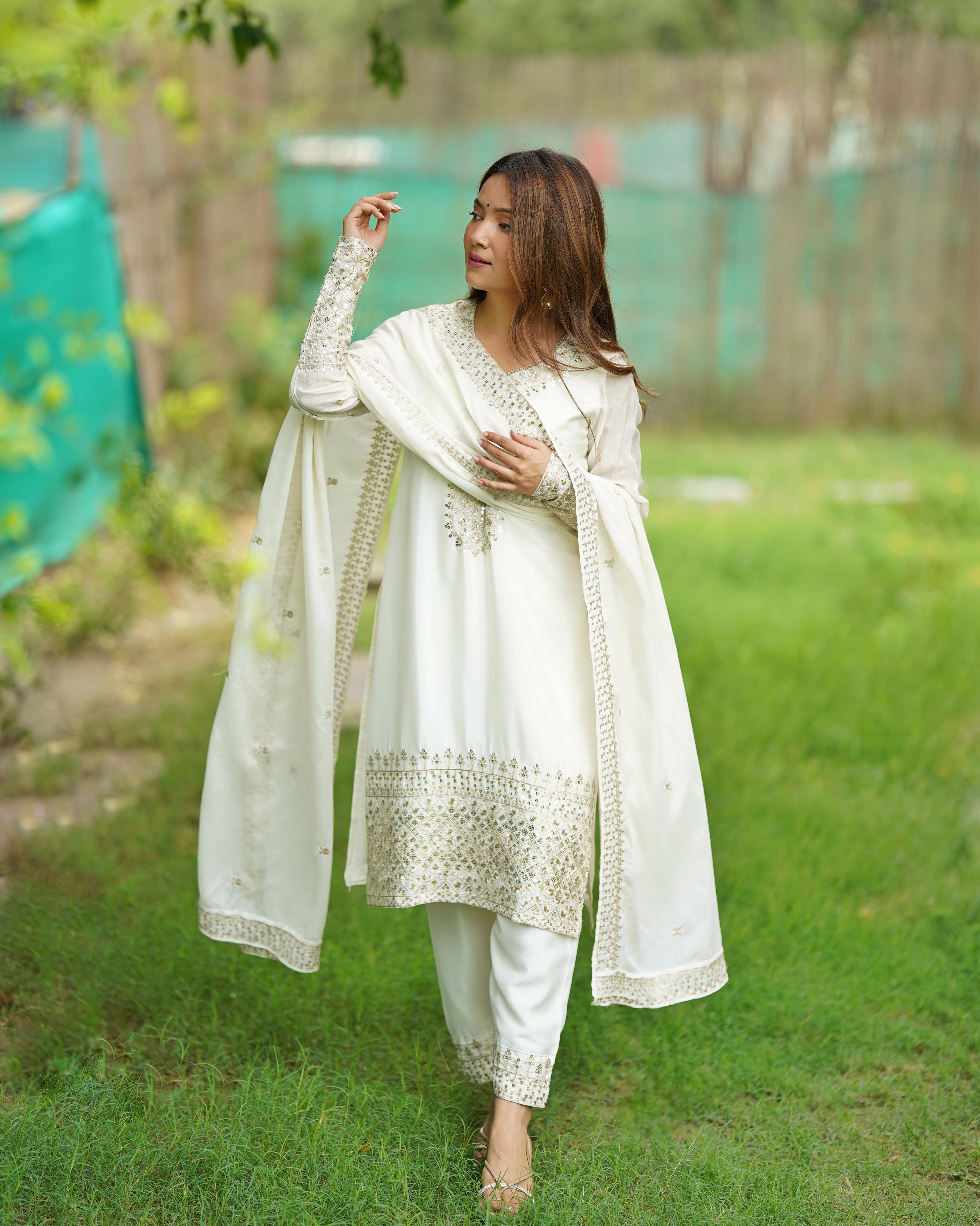 White Pure Chinon Silk Kurta Suit Set With Dupatta & Pant