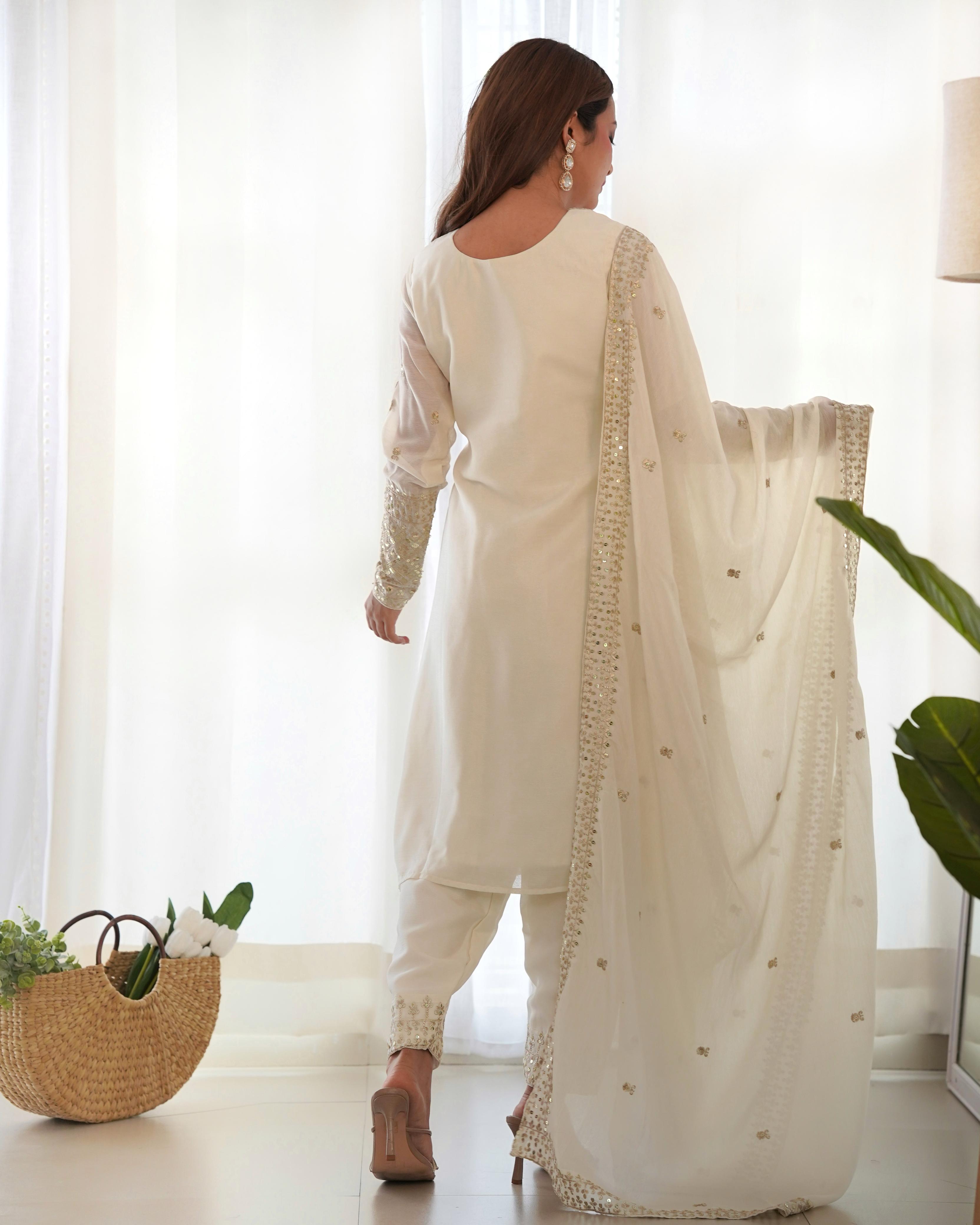 White Pure Chinon Silk Kurta Suit Set With Dupatta & Pant