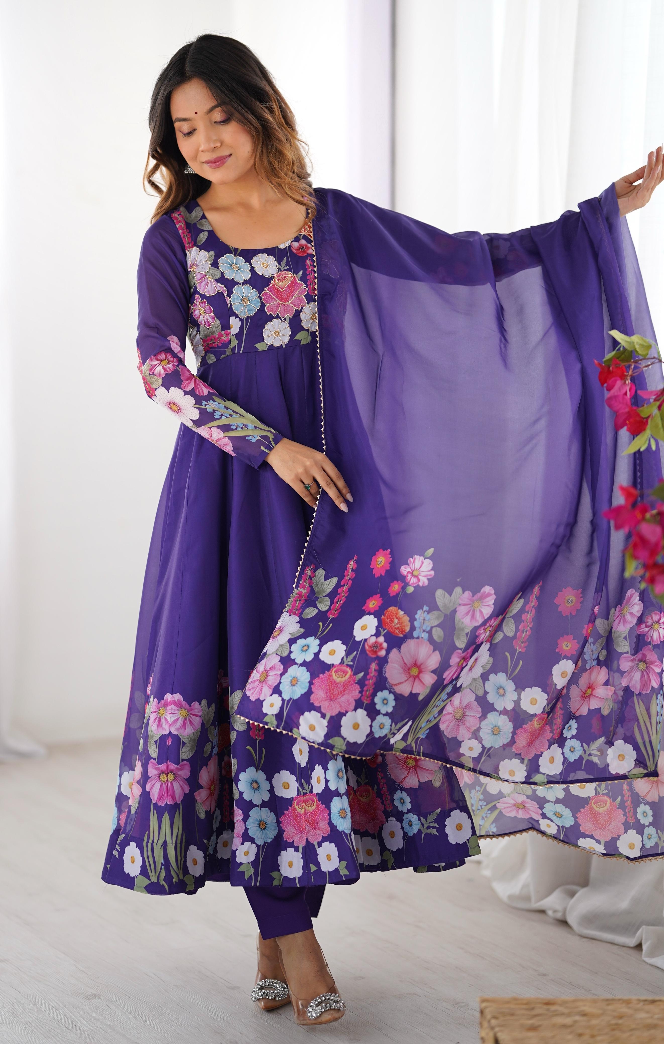 Purple Pure Soft Organza Anarkali Suit Set With Huge Flair, Dupatta & Pant