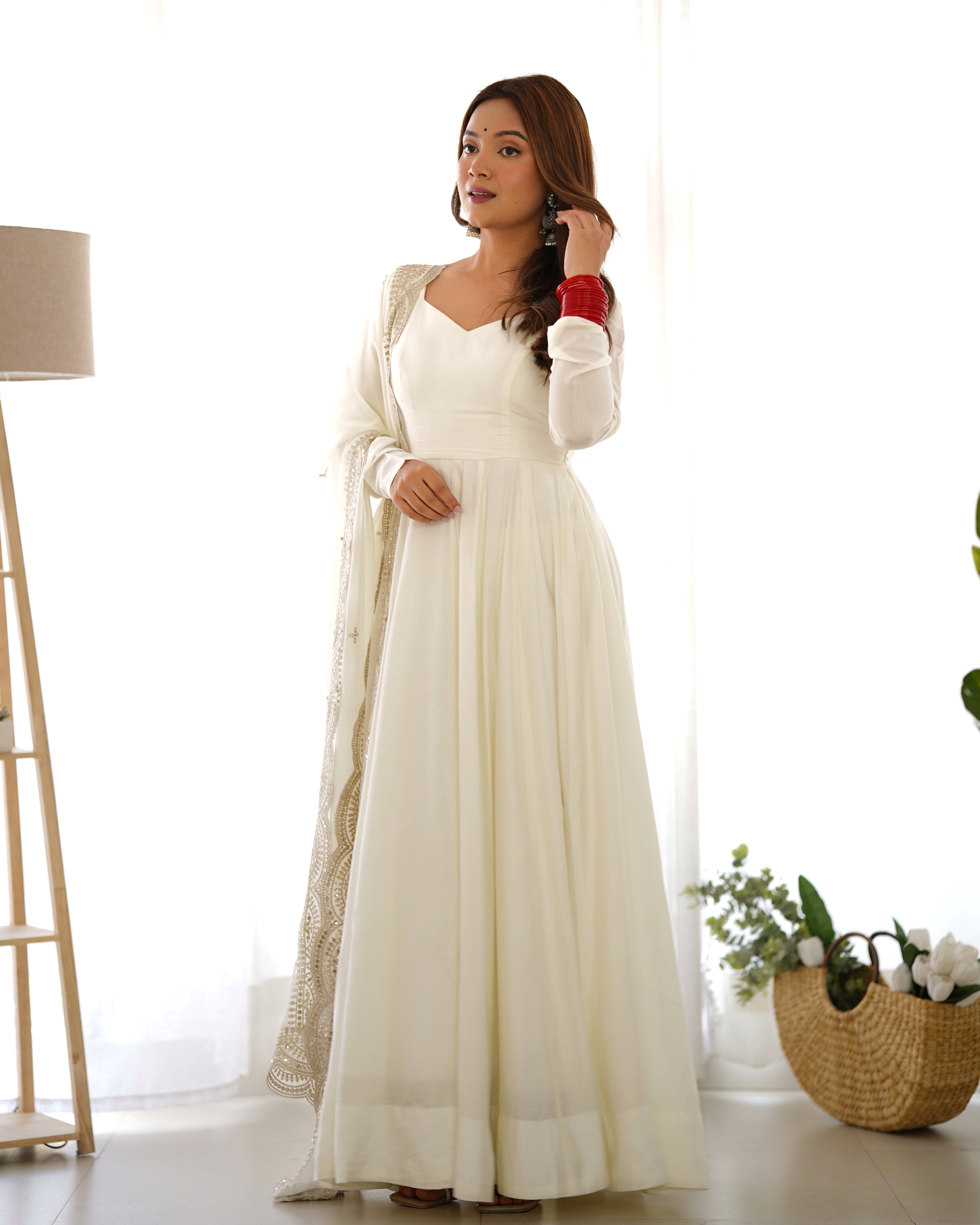 Off White Pure Roman Silk Chanderi Anarkali Suit Set With Huge Flair, Dupatta & Pant