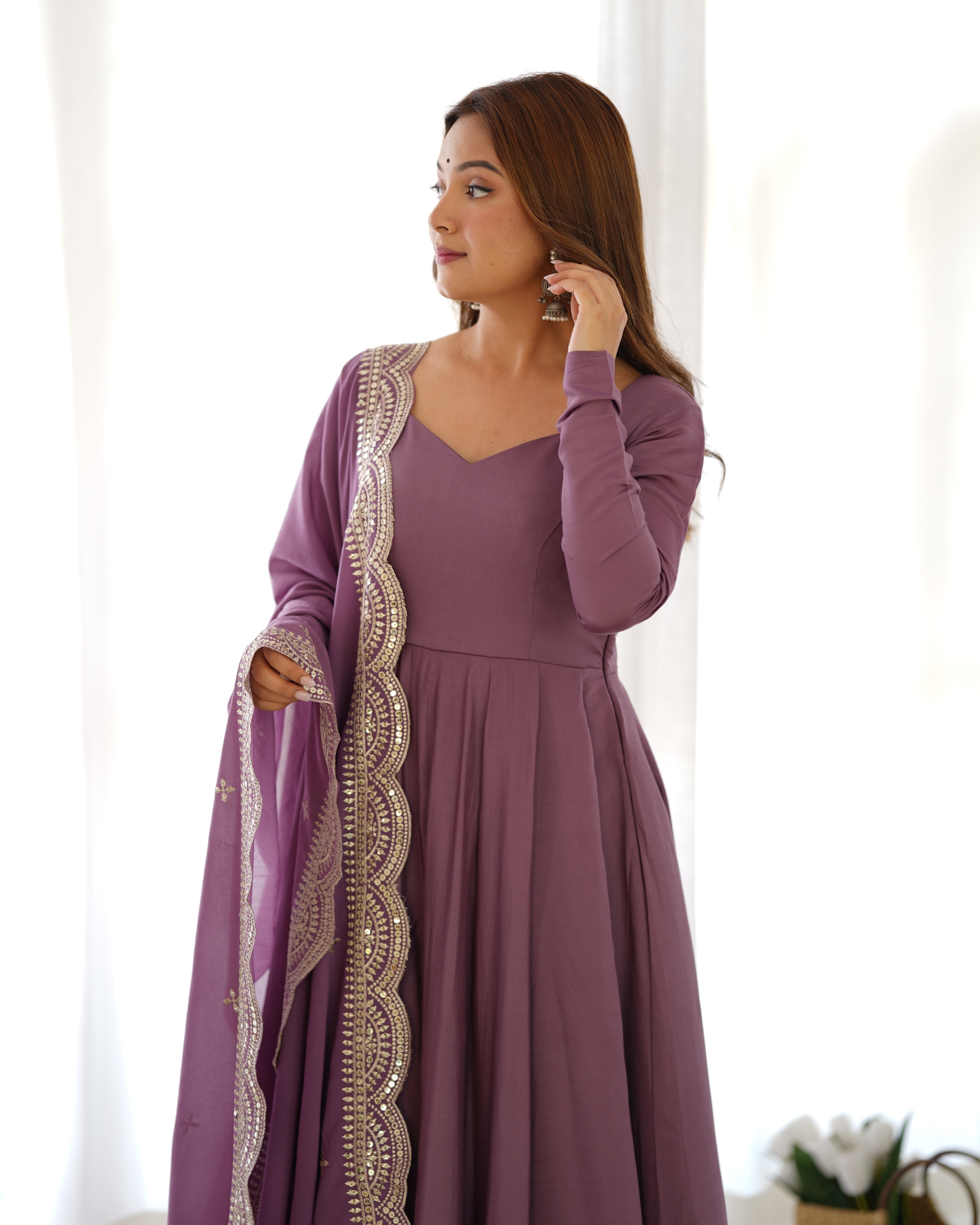 Mauve Pure Roman Silk Chanderi Anarkali Suit Set With Huge Flair, Dupatta & Pant