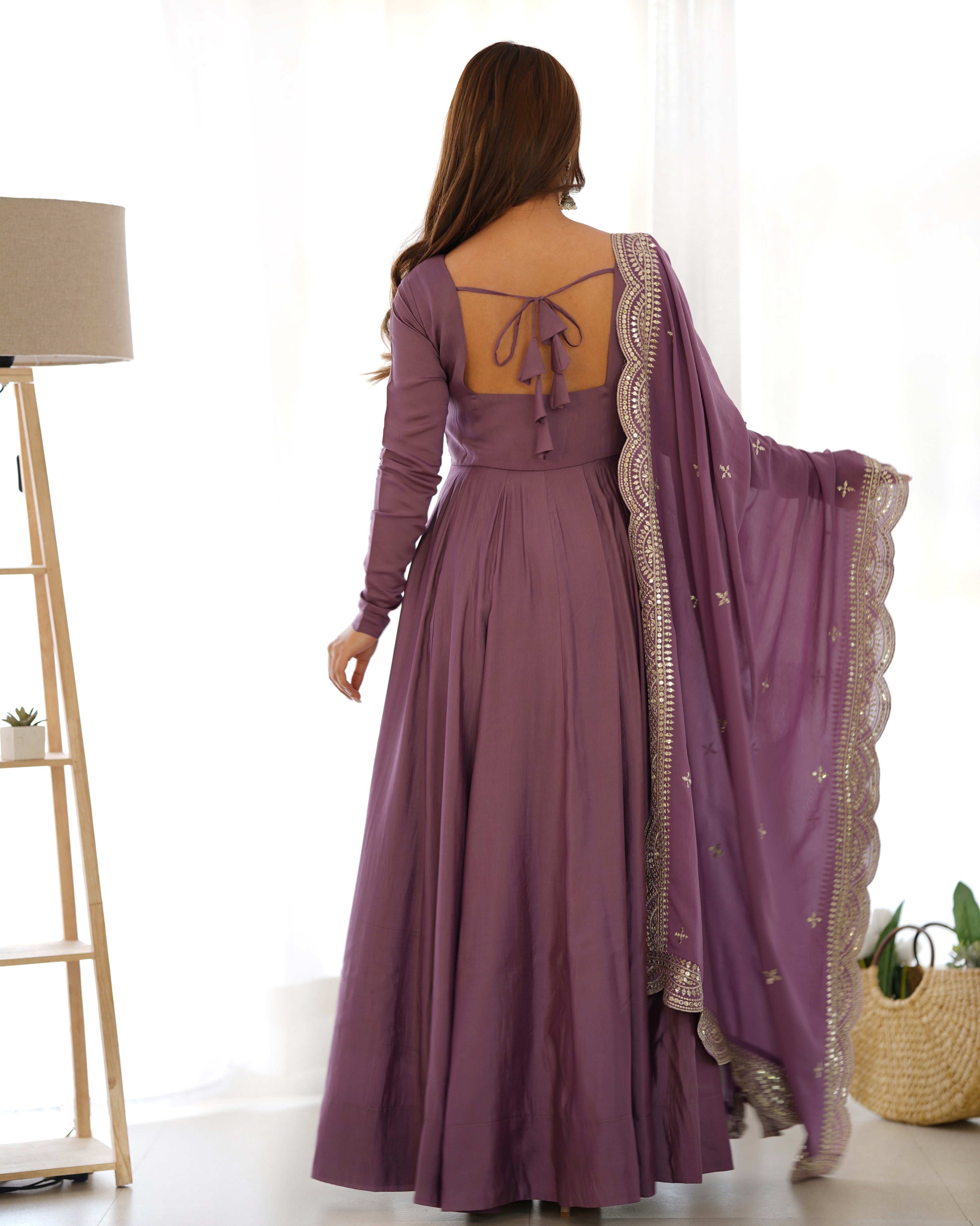 Mauve Pure Roman Silk Chanderi Anarkali Suit Set With Huge Flair, Dupatta & Pant