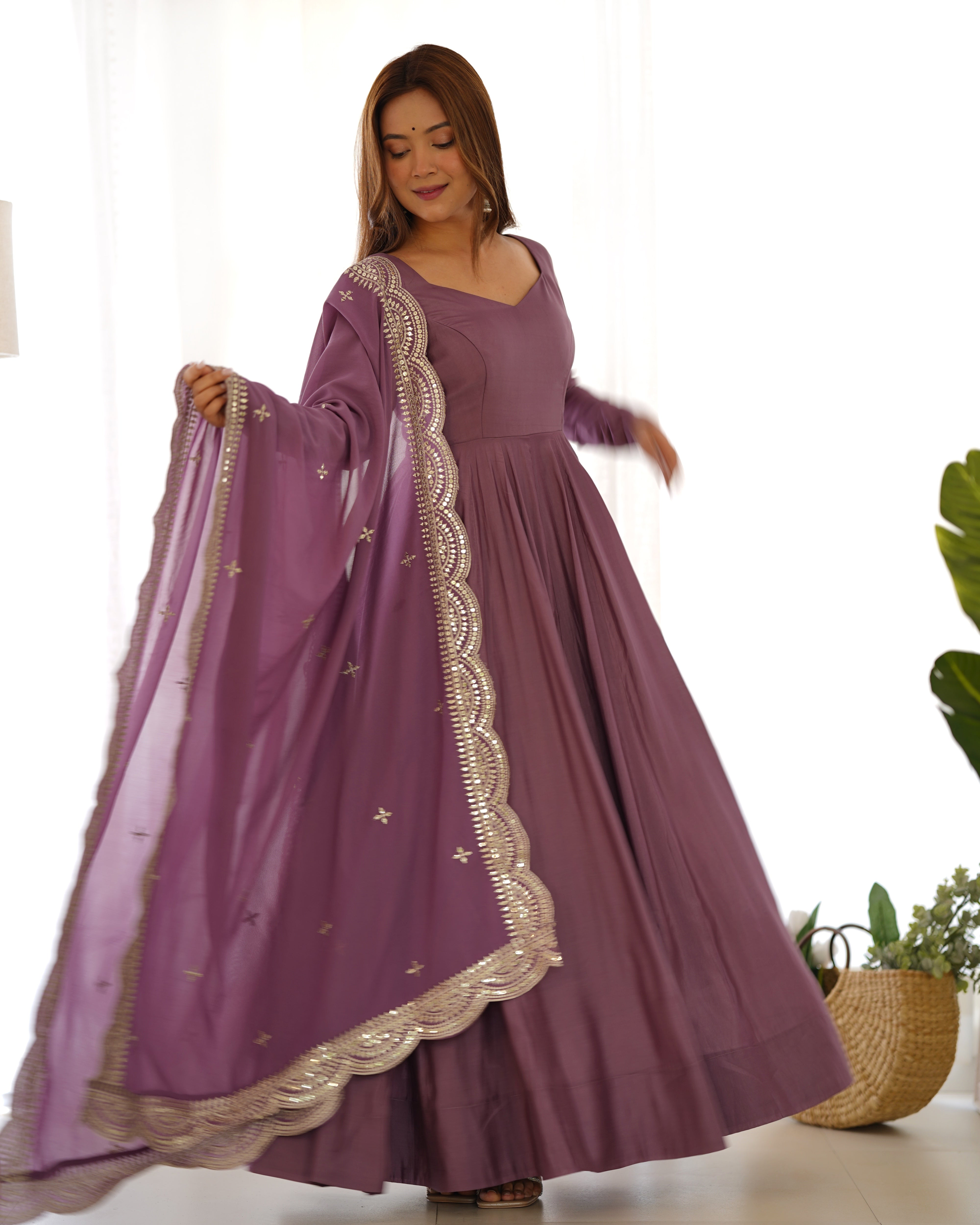 Mauve Pure Roman Silk Chanderi Anarkali Suit Set With Huge Flair, Dupatta & Pant