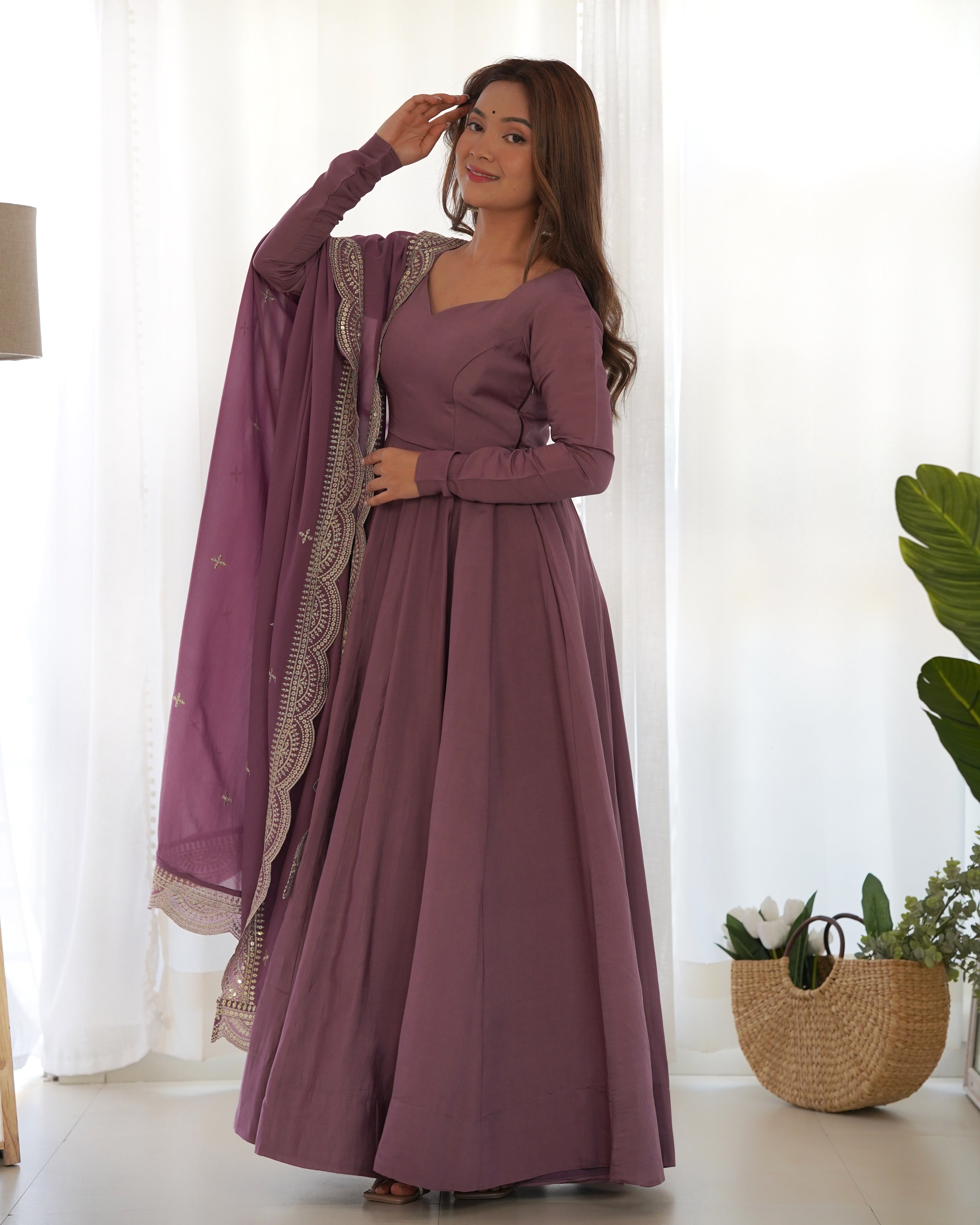 Mauve Pure Roman Silk Chanderi Anarkali Suit Set With Huge Flair, Dupatta & Pant