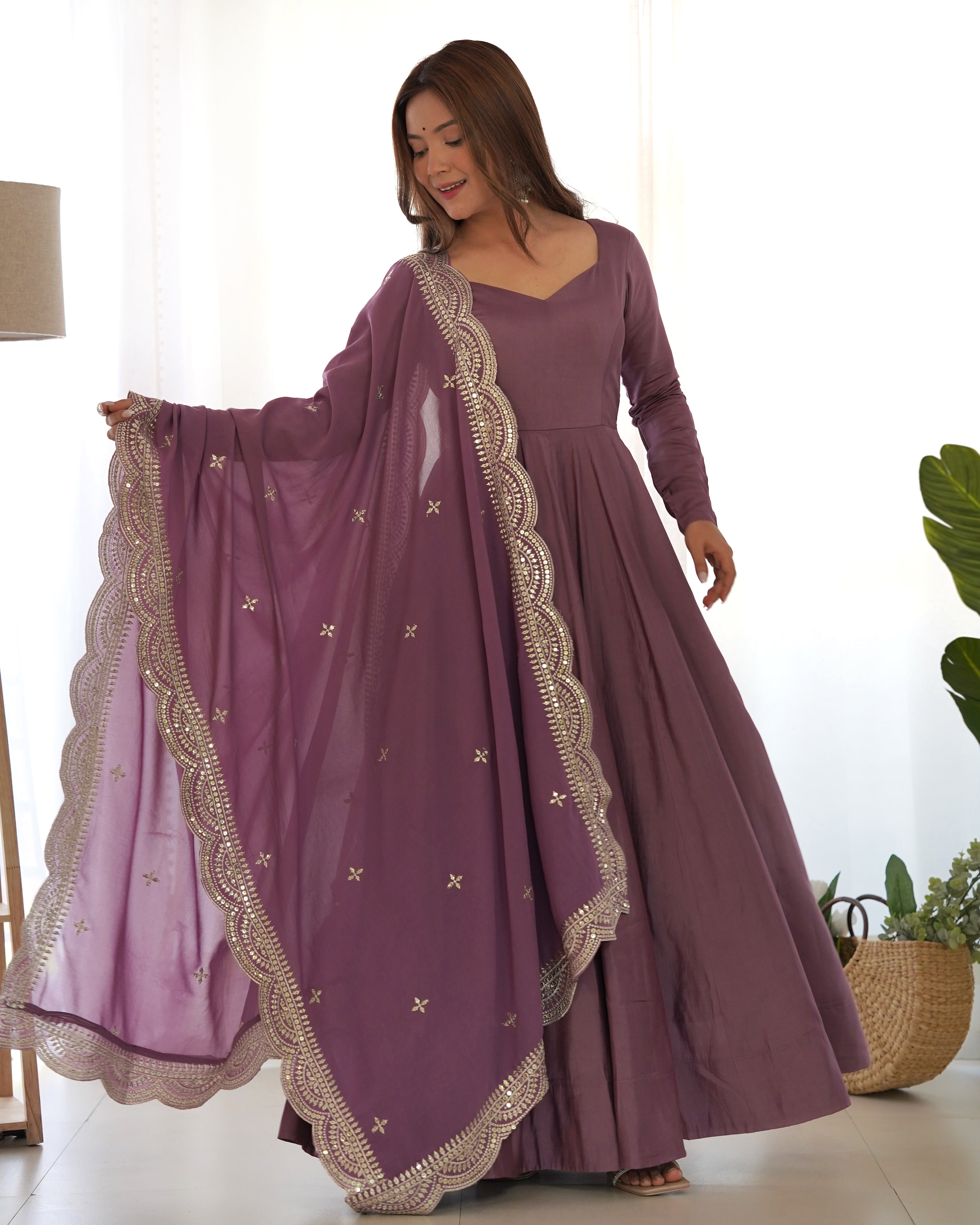 Mauve Pure Roman Silk Chanderi Anarkali Suit Set With Huge Flair, Dupatta & Pant