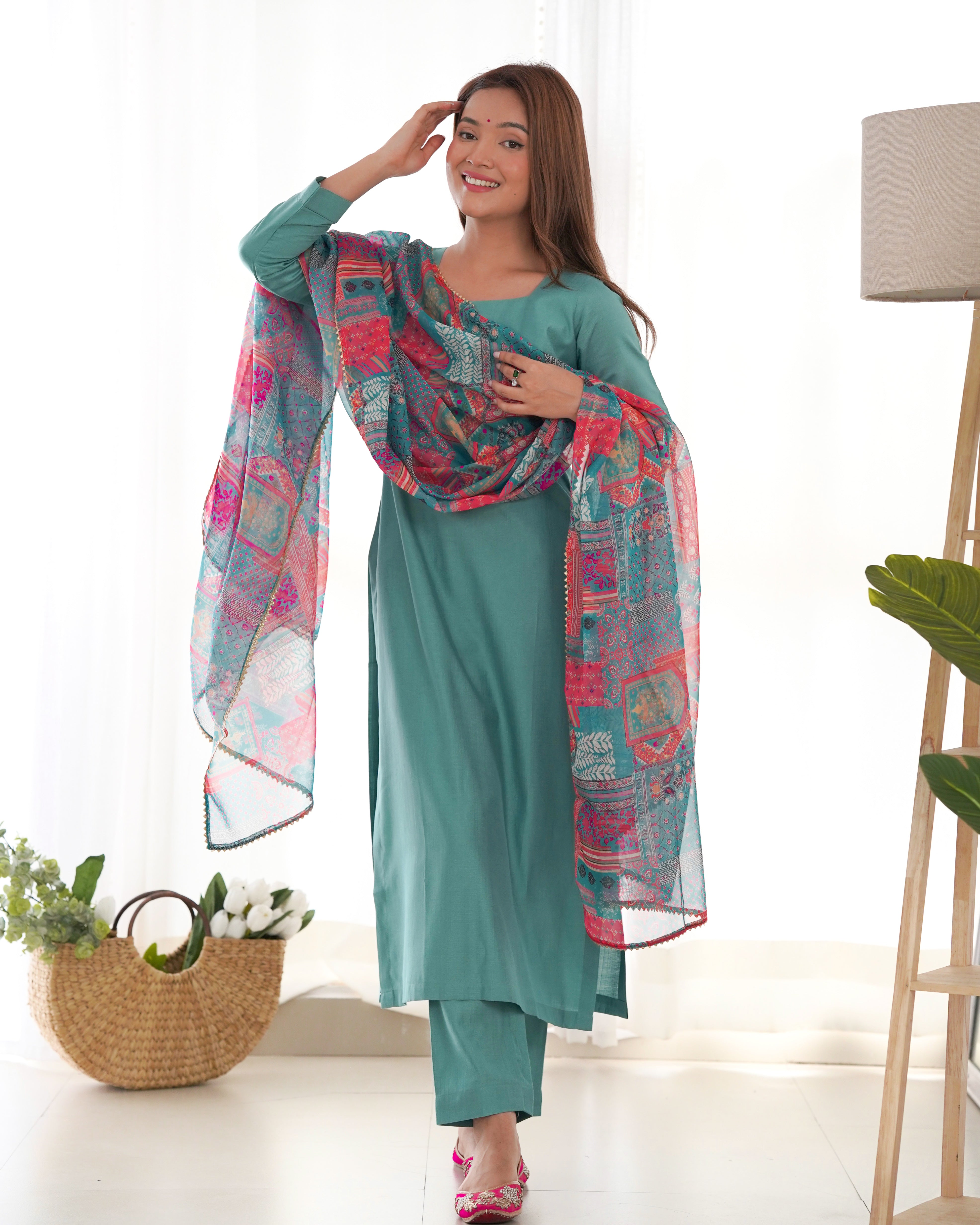 Sea Green Pure Soft Viscose Kurta Suit Set With Dupatta & Pant