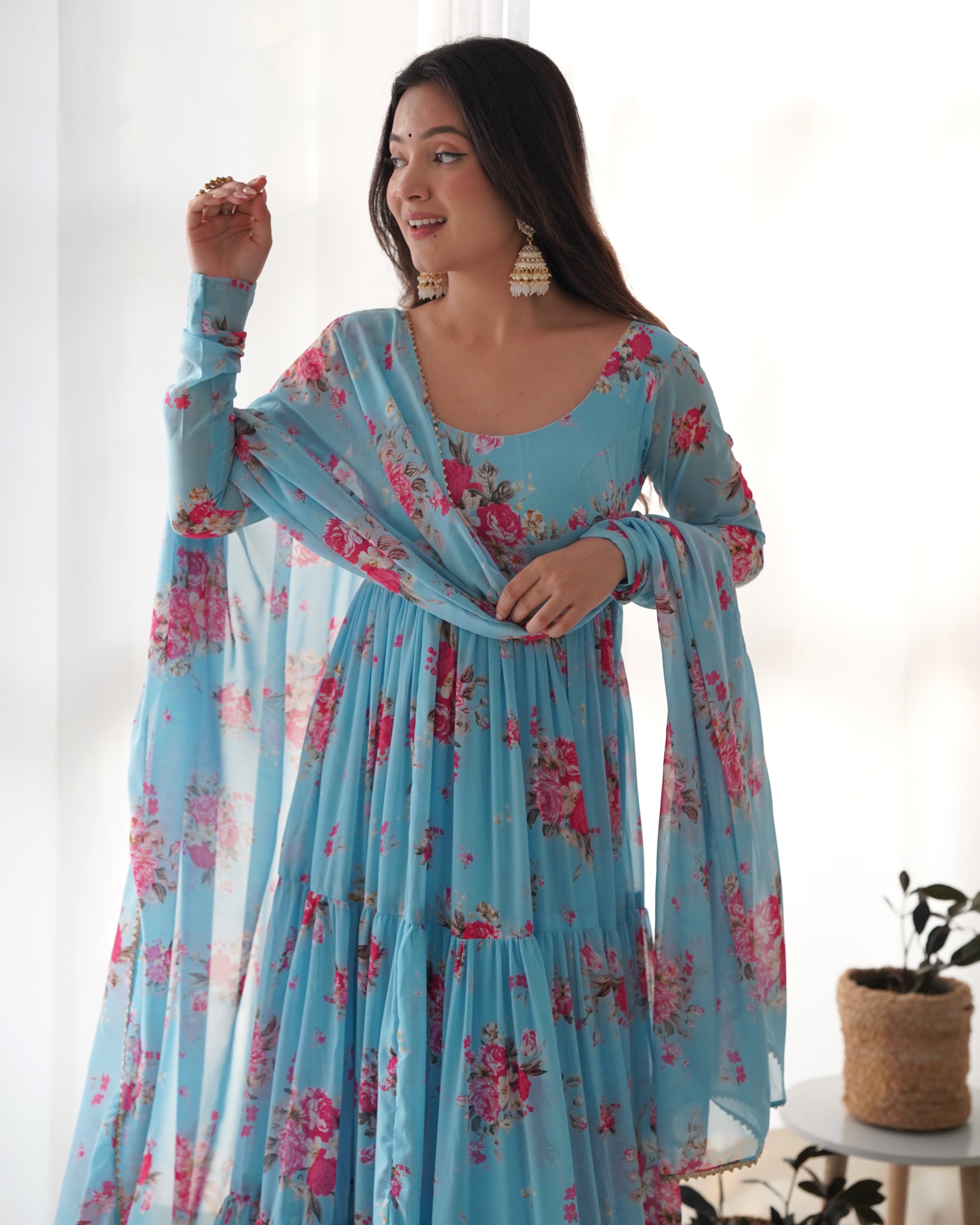 Sky Blue Pure Soft Fox Georgette Anarkali Suit Set With Huge Flair, Dupatta & Pant