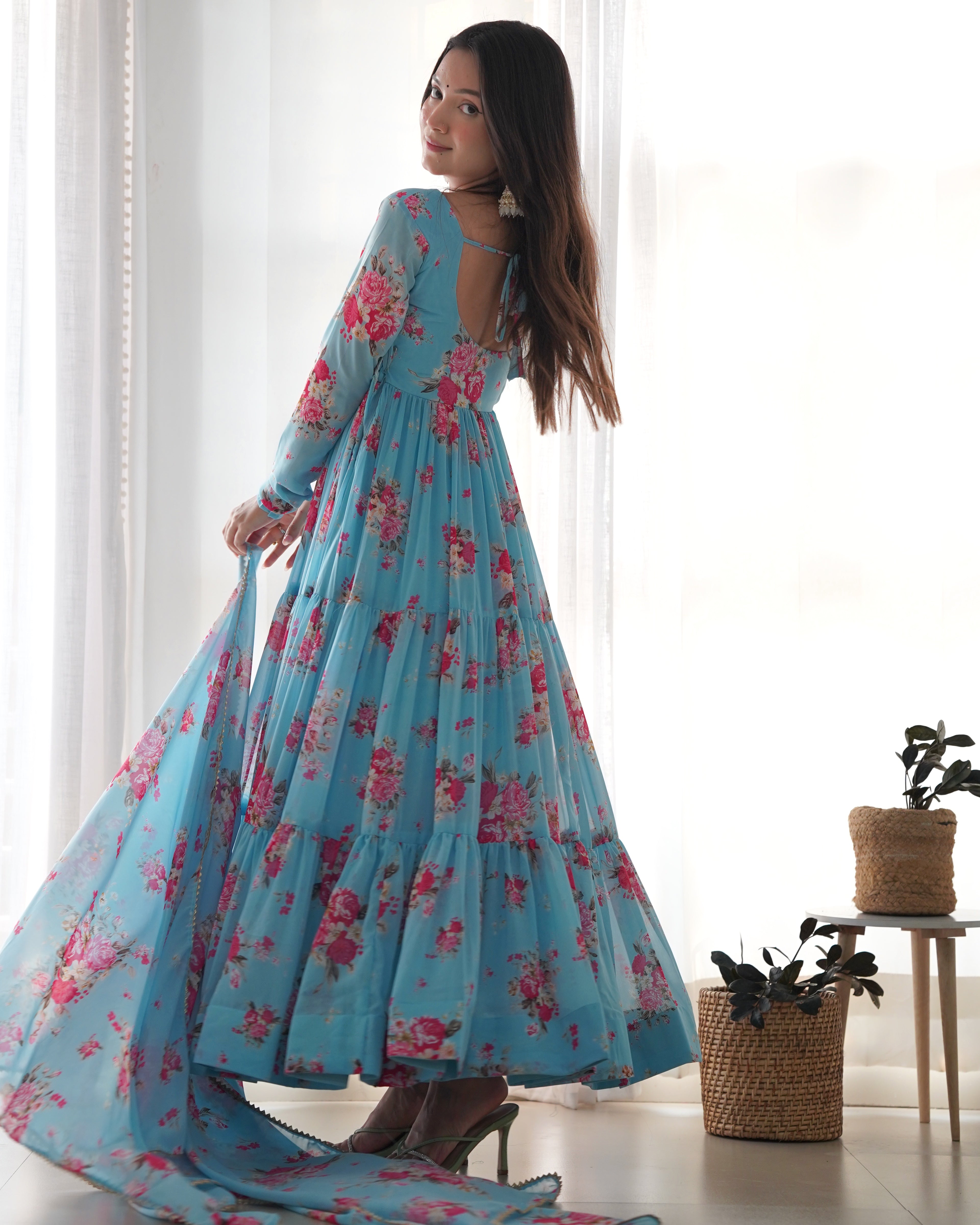 Sky Blue Pure Soft Fox Georgette Anarkali Suit Set With Huge Flair, Dupatta & Pant