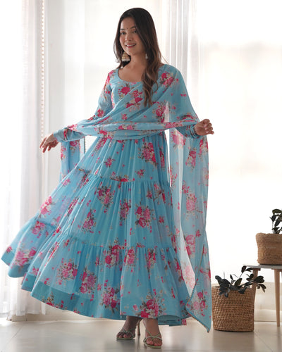 Sky Blue Pure Soft Fox Georgette Anarkali Suit Set With Huge Flair, Dupatta & Pant