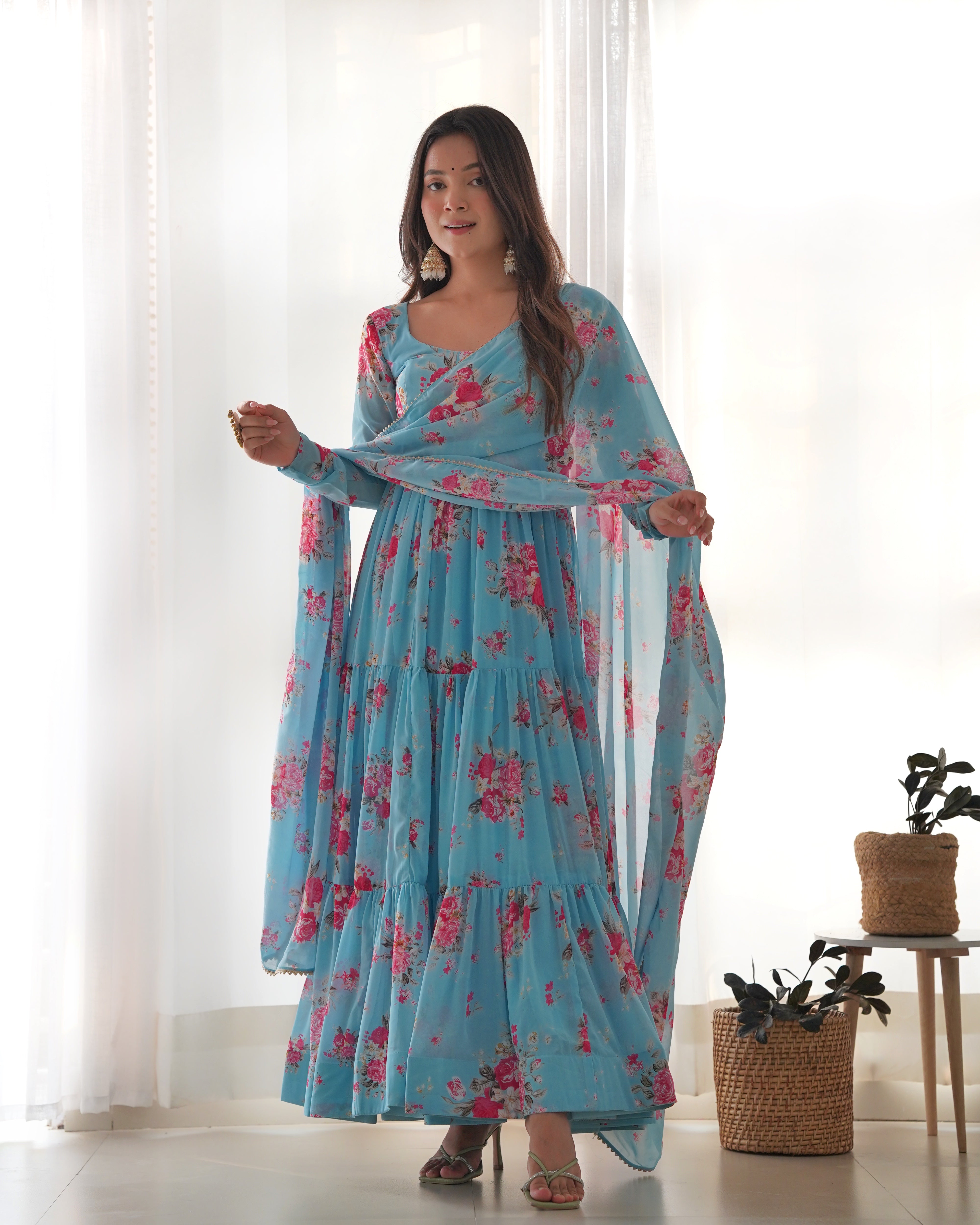 Sky Blue Pure Soft Fox Georgette Anarkali Suit Set With Huge Flair, Dupatta & Pant