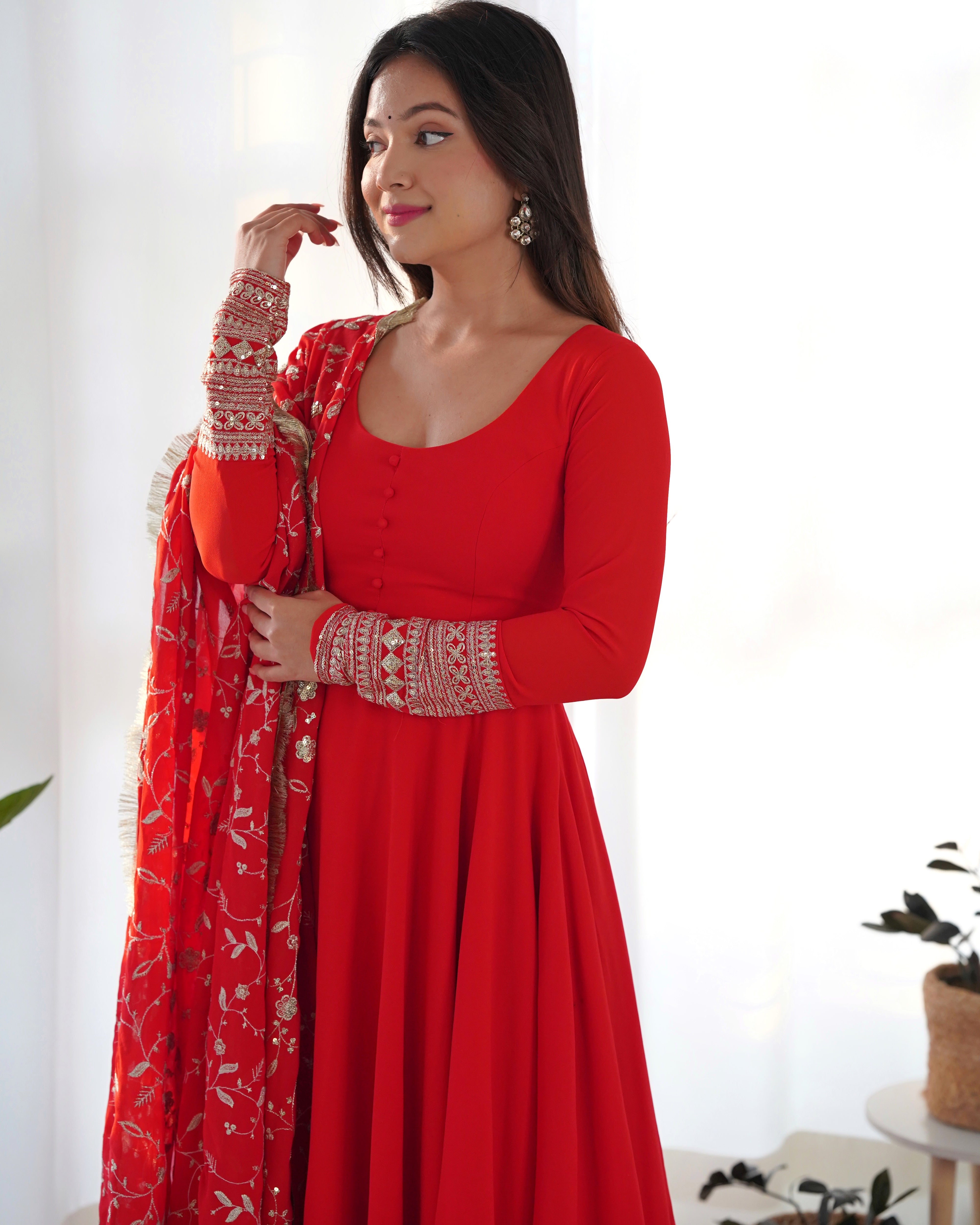 Red Pure Soft Fox Georgette Anarkali Suit Set With Huge Flair, Dupatta & Pant