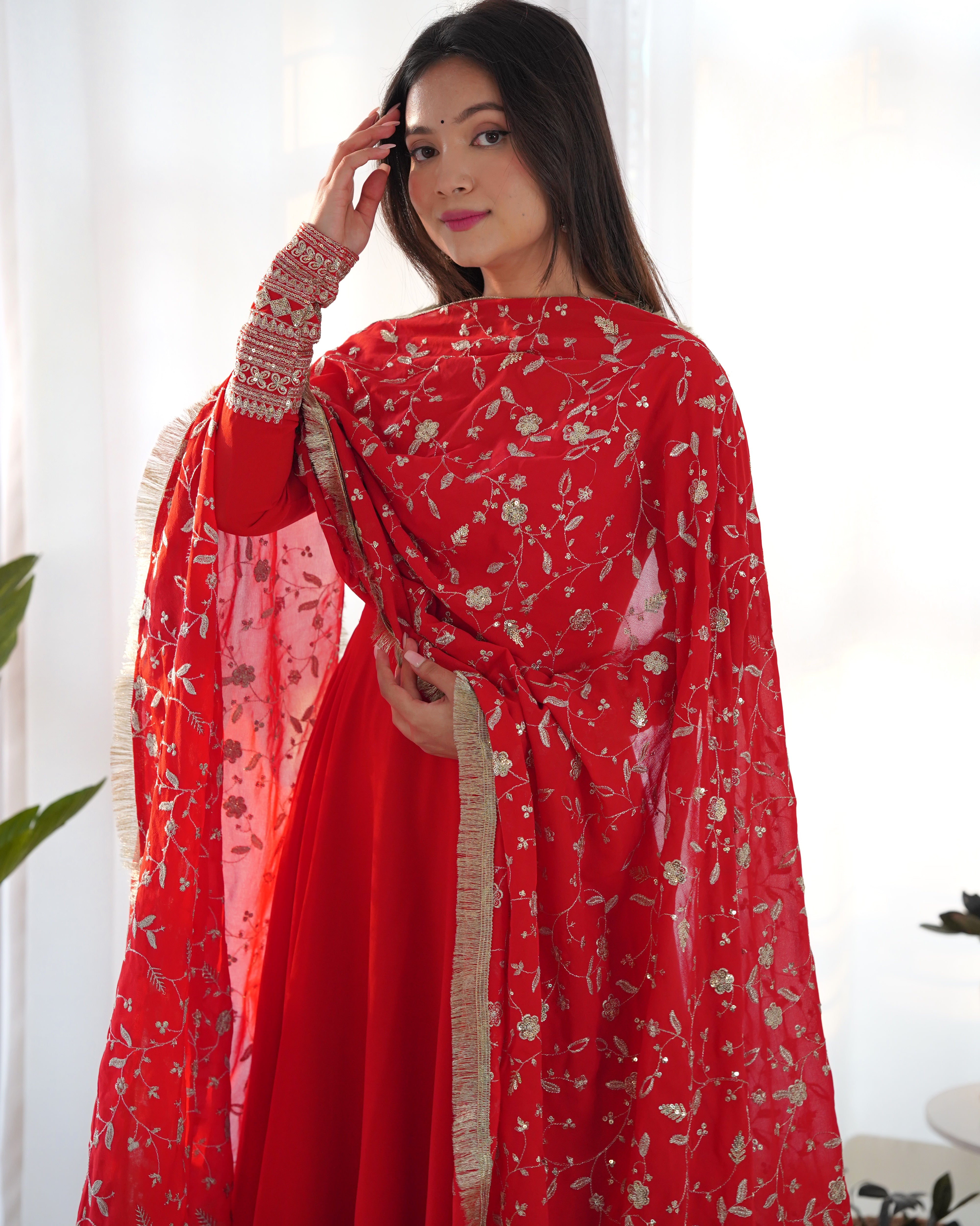 Red Pure Soft Fox Georgette Anarkali Suit Set With Huge Flair, Dupatta & Pant