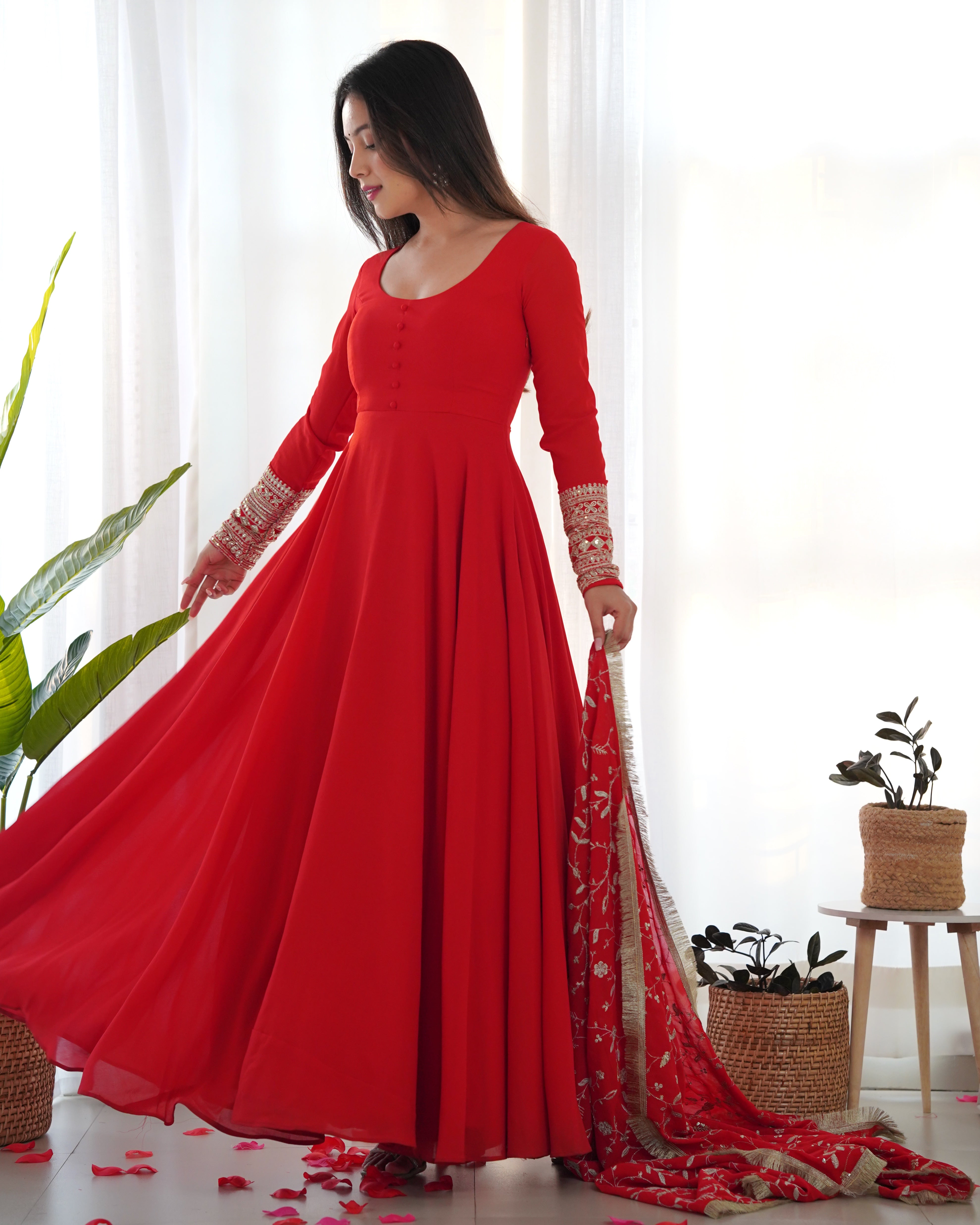 Red Pure Soft Fox Georgette Anarkali Suit Set With Huge Flair, Dupatta & Pant