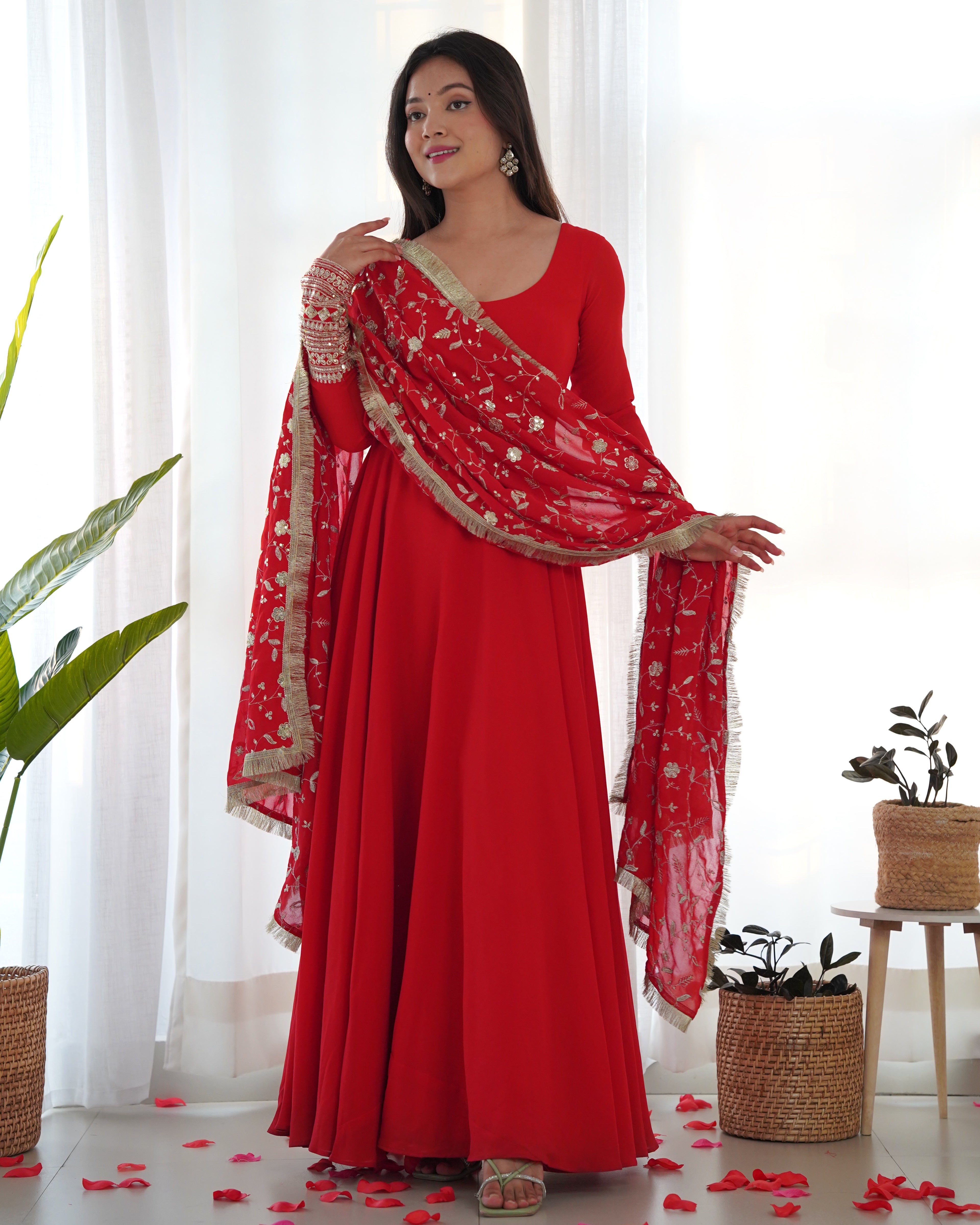 Red Pure Soft Fox Georgette Anarkali Suit Set With Huge Flair, Dupatta & Pant