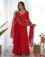Red Pure Soft Fox Georgette Anarkali Suit Set With Huge Flair, Dupatta & Pant