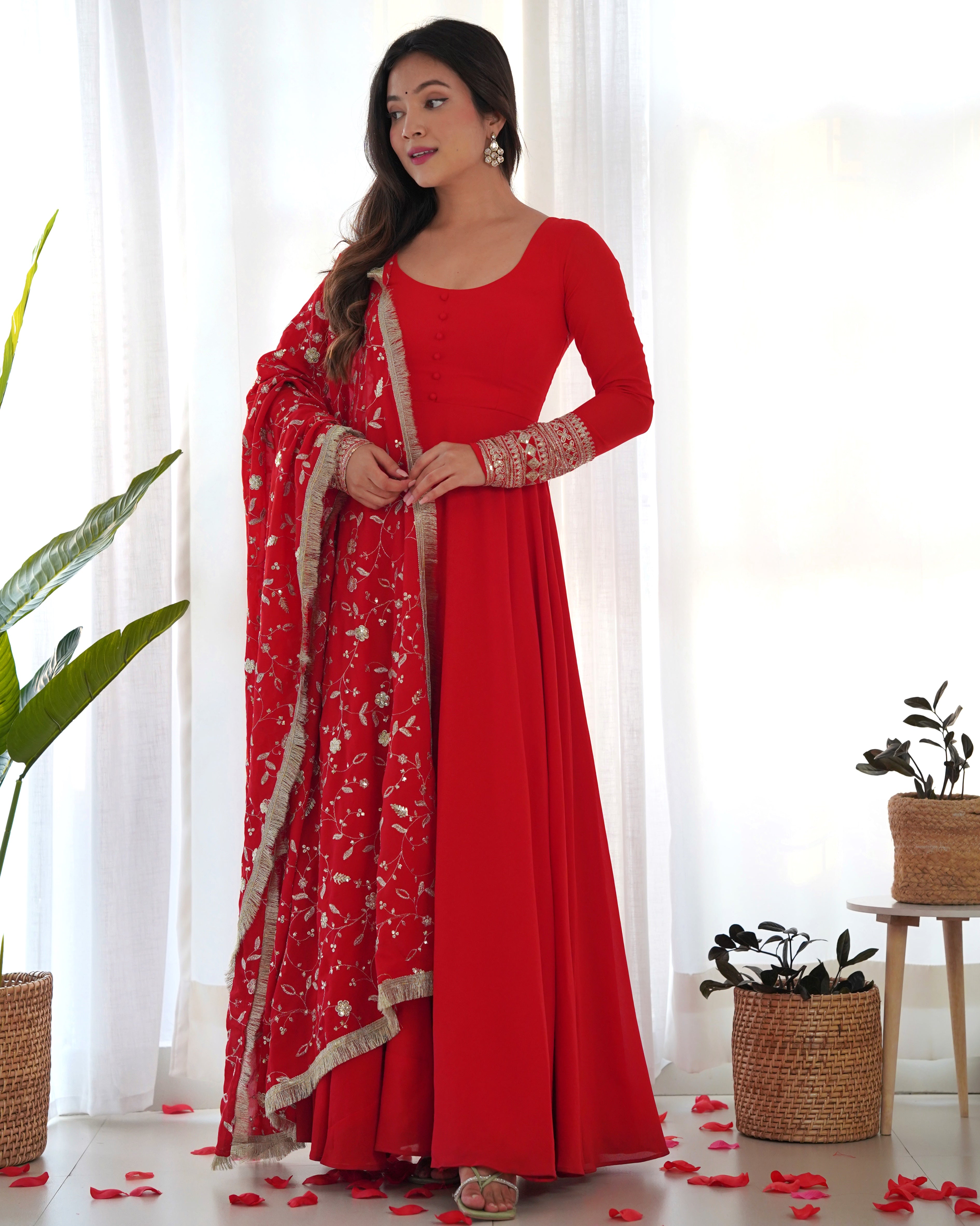 Red Pure Soft Fox Georgette Anarkali Suit Set With Huge Flair, Dupatta & Pant