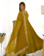 Mustard Pure Roman Silk Chanderi Anarkali Suit Set With Huge Flair, Dupatta & Pant