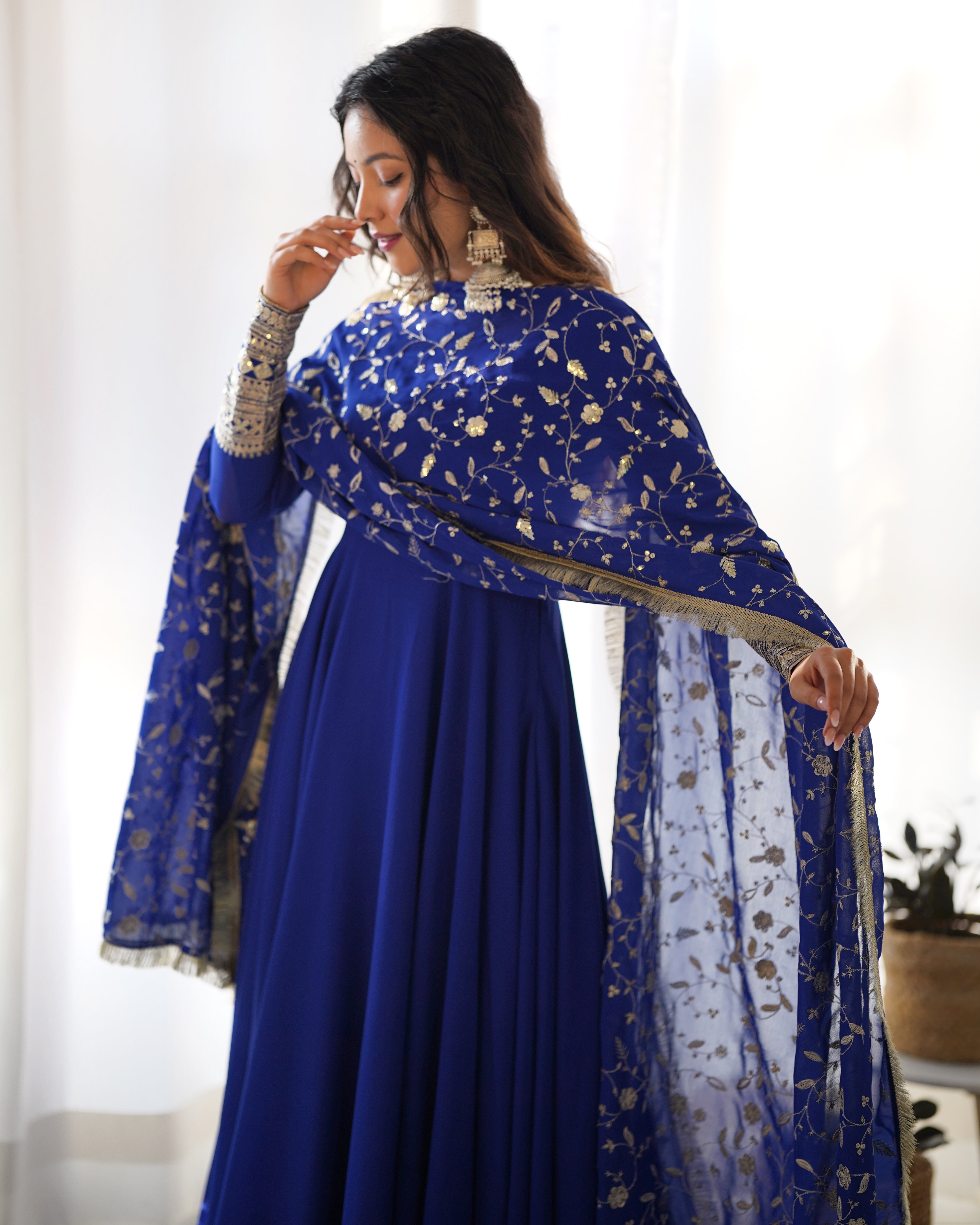 Royal Blue Pure Soft Fox Georgette Anarkali Suit Set With Huge Flair, Dupatta & Pant