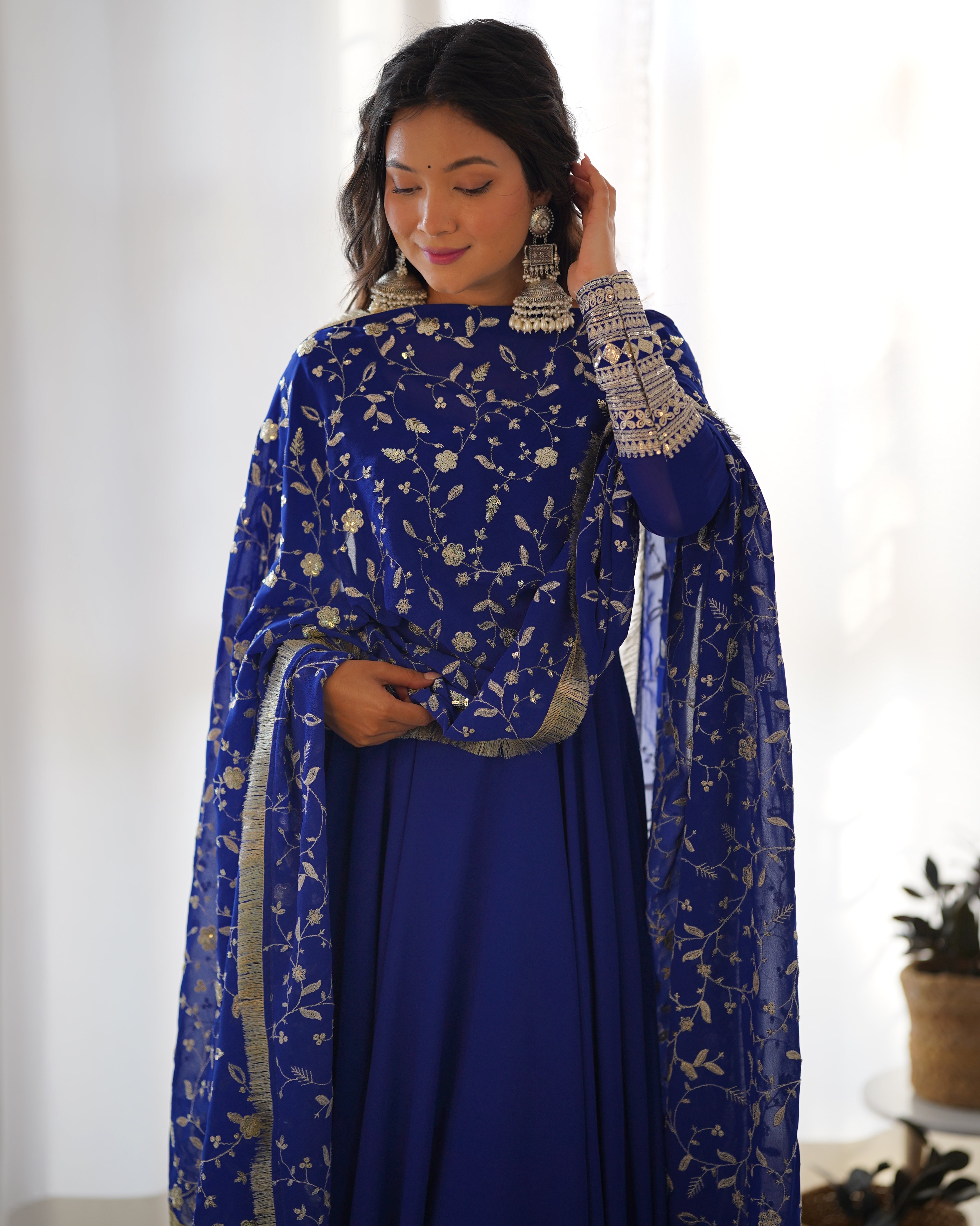 Royal Blue Pure Soft Fox Georgette Anarkali Suit Set With Huge Flair, Dupatta & Pant