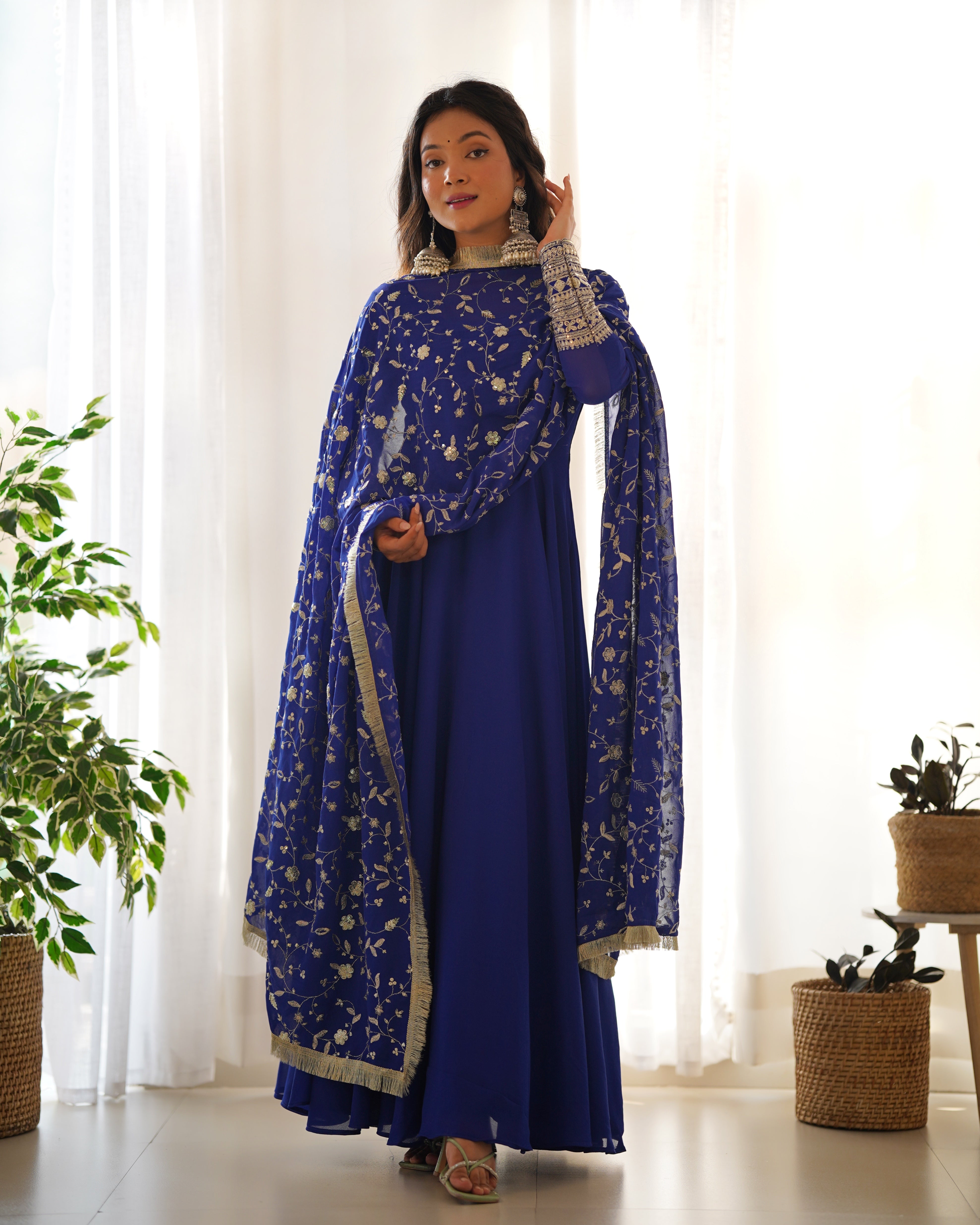 Royal Blue Pure Soft Fox Georgette Anarkali Suit Set With Huge Flair, Dupatta & Pant