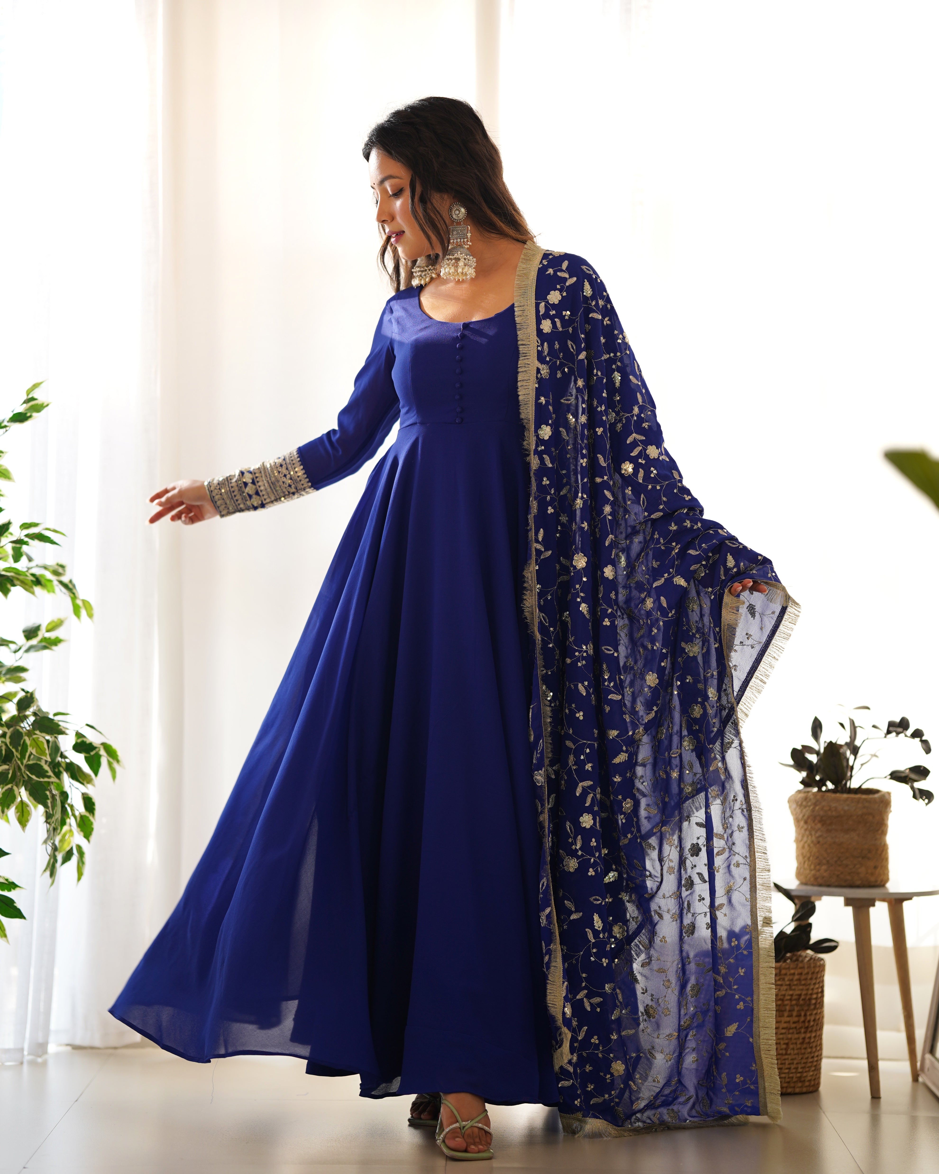 Royal Blue Pure Soft Fox Georgette Anarkali Suit Set With Huge Flair, Dupatta & Pant