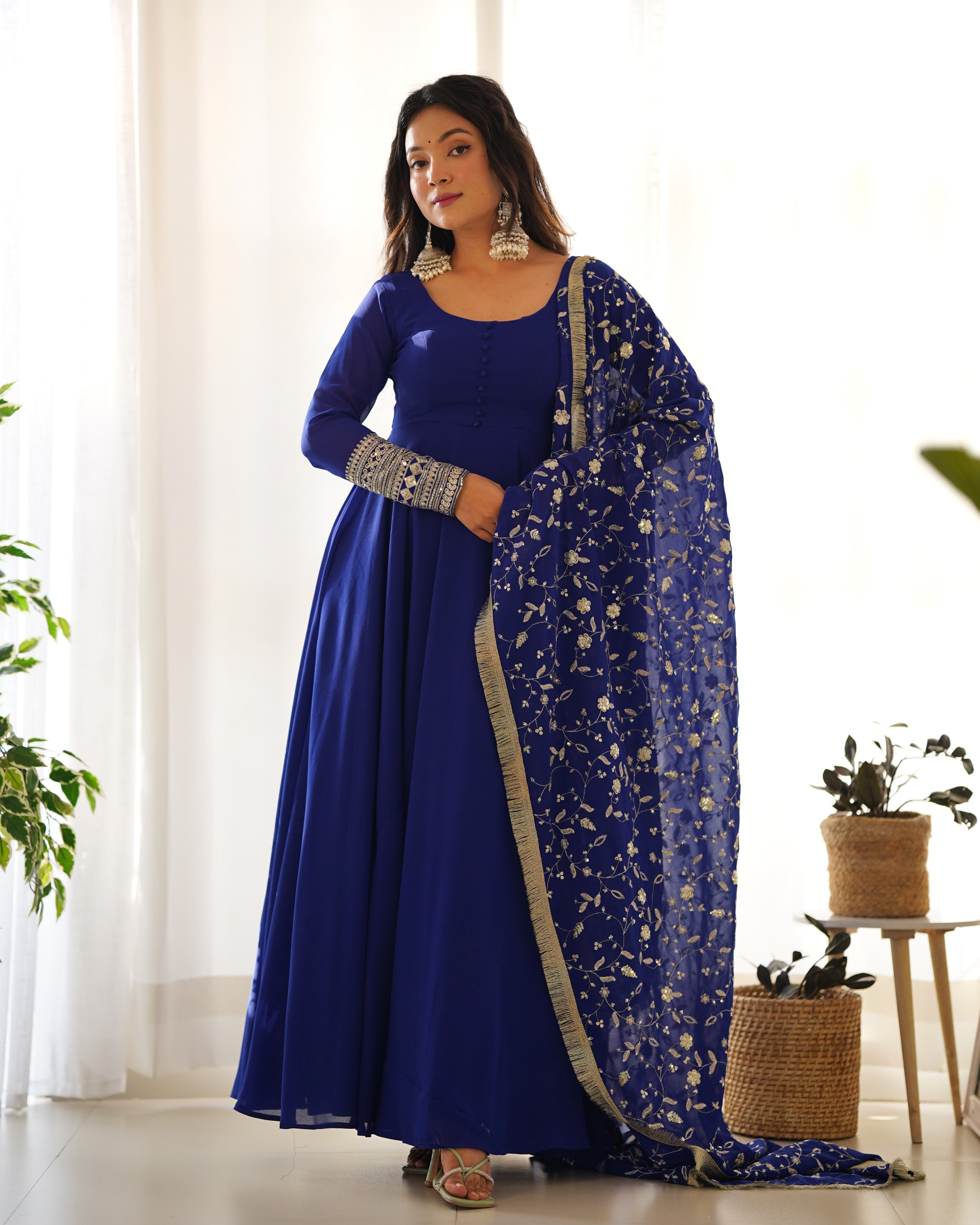 Royal Blue Pure Soft Fox Georgette Anarkali Suit Set With Huge Flair, Dupatta & Pant