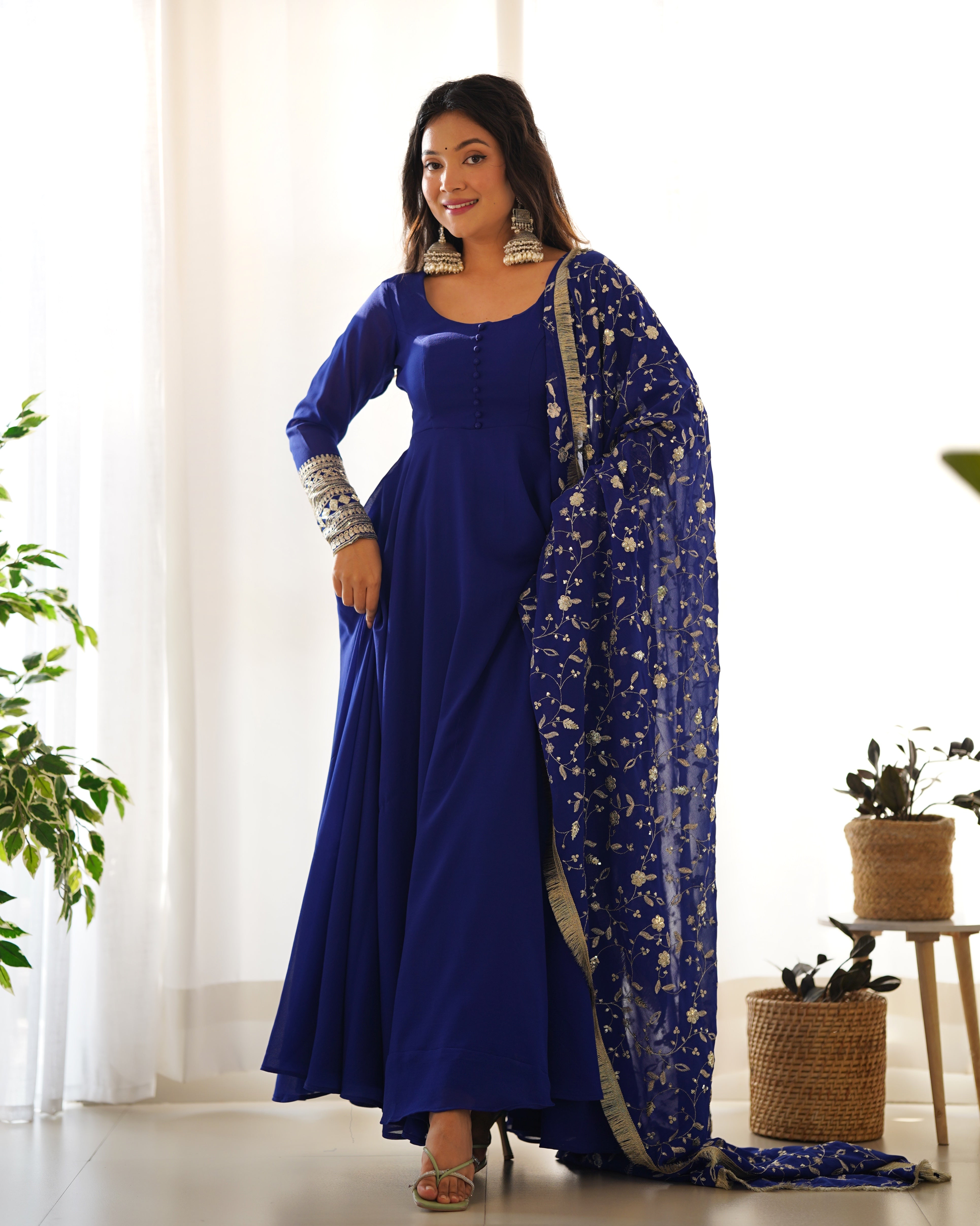 Royal Blue Pure Soft Fox Georgette Anarkali Suit Set With Huge Flair, Dupatta & Pant