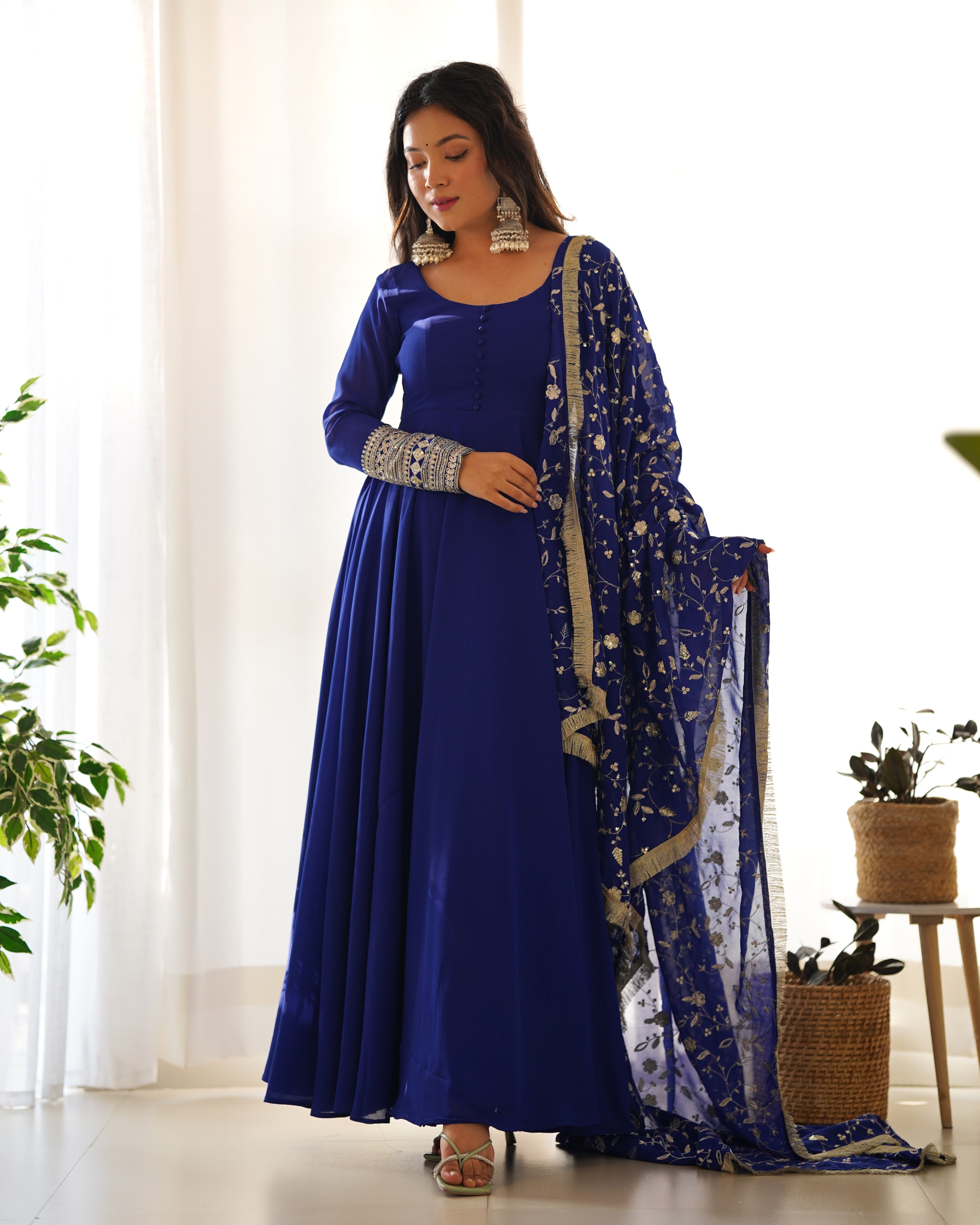 Royal Blue Pure Soft Fox Georgette Anarkali Suit Set With Huge Flair, Dupatta & Pant