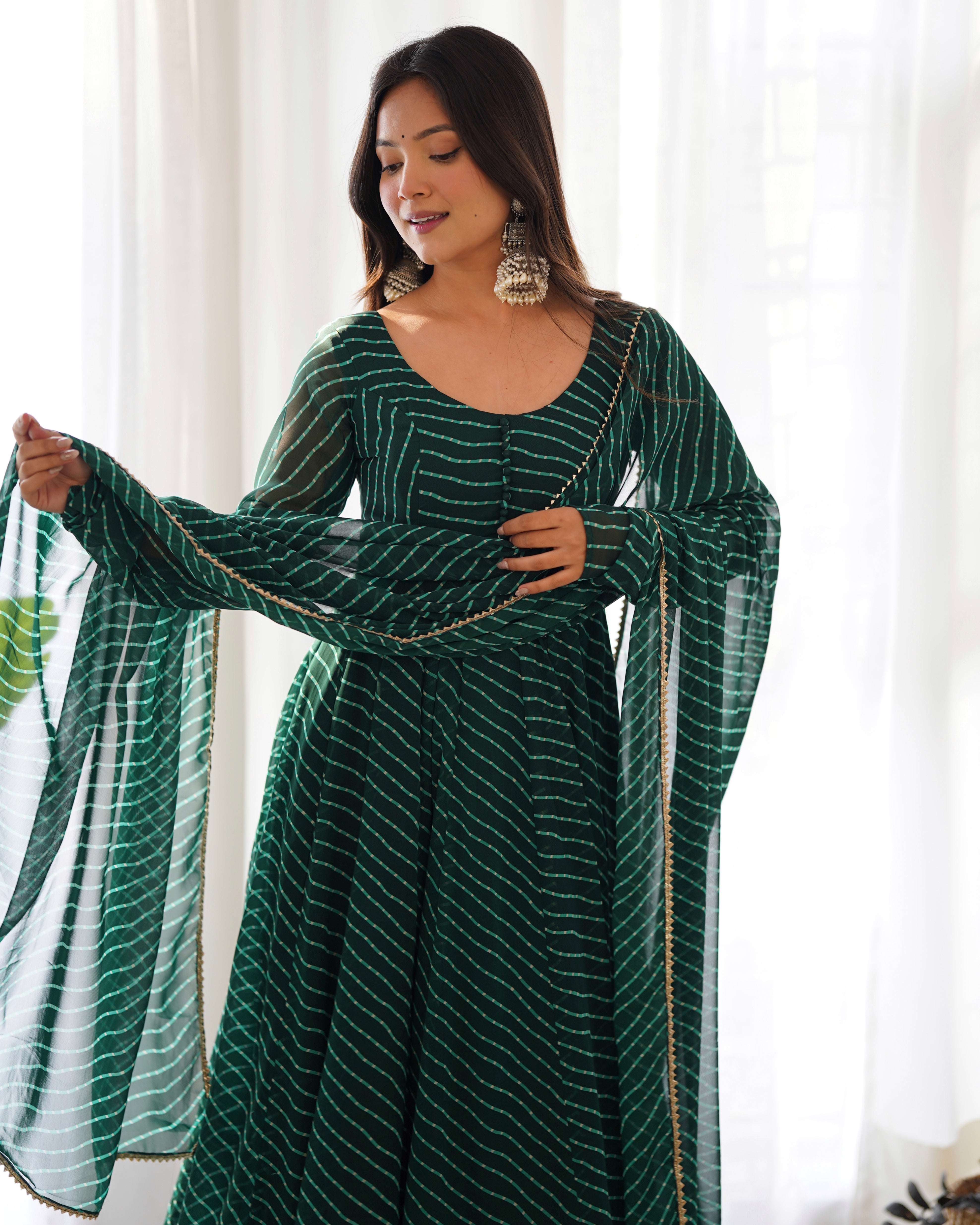 Dark Green Pure Soft Fox Georgette Anarkali Suit Set With Huge Flair, Dupatta & Pant