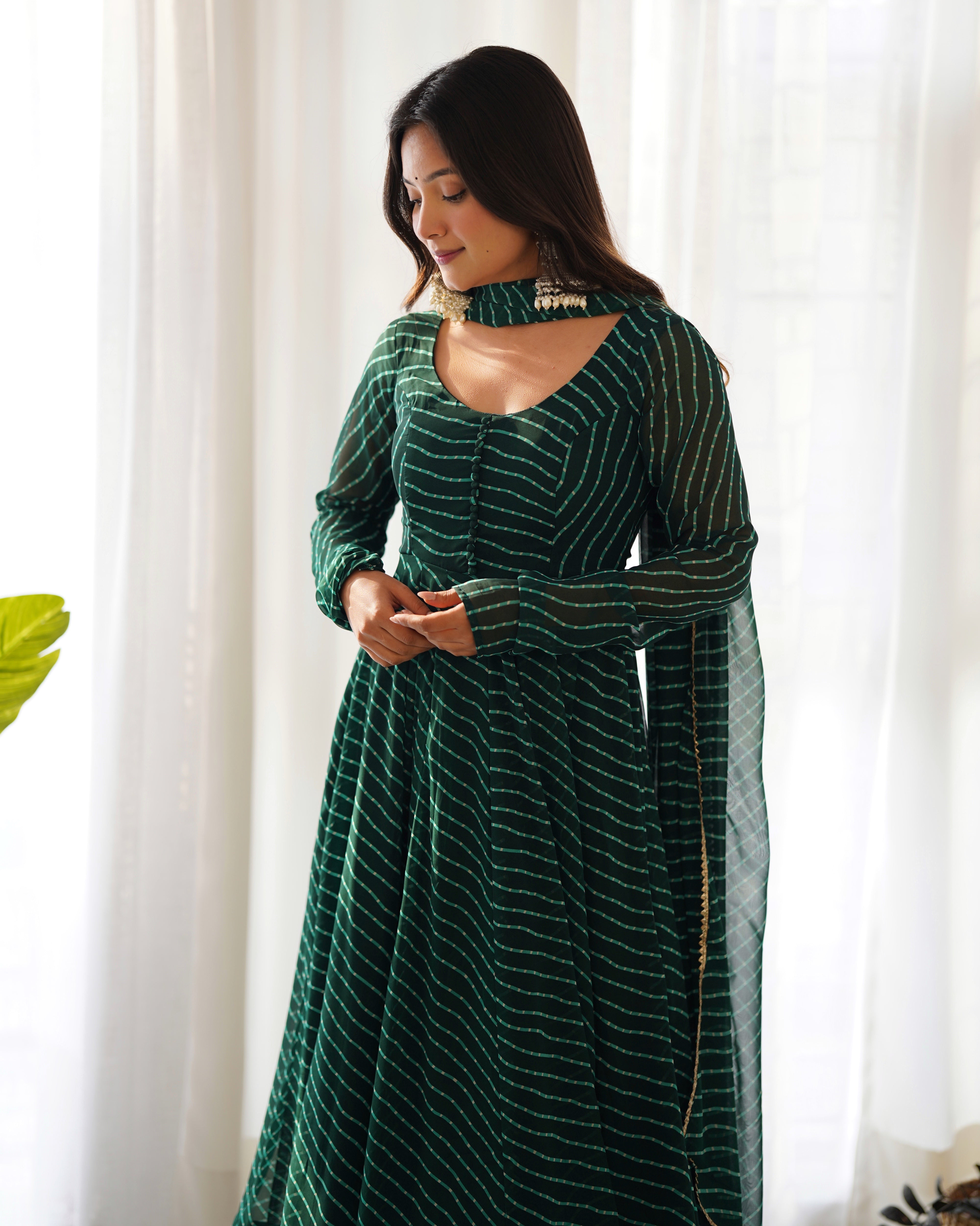 Dark Green Pure Soft Fox Georgette Anarkali Suit Set With Huge Flair, Dupatta & Pant