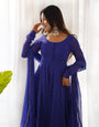 Royal Blue Pure Soft Fox Georgette Anarkali Suit Set With Huge Flair, Dupatta & Pant