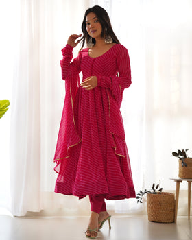 Rani Pink Pure Soft Fox Georgette Anarkali Suit Set With Huge Flair, Dupatta & Pant