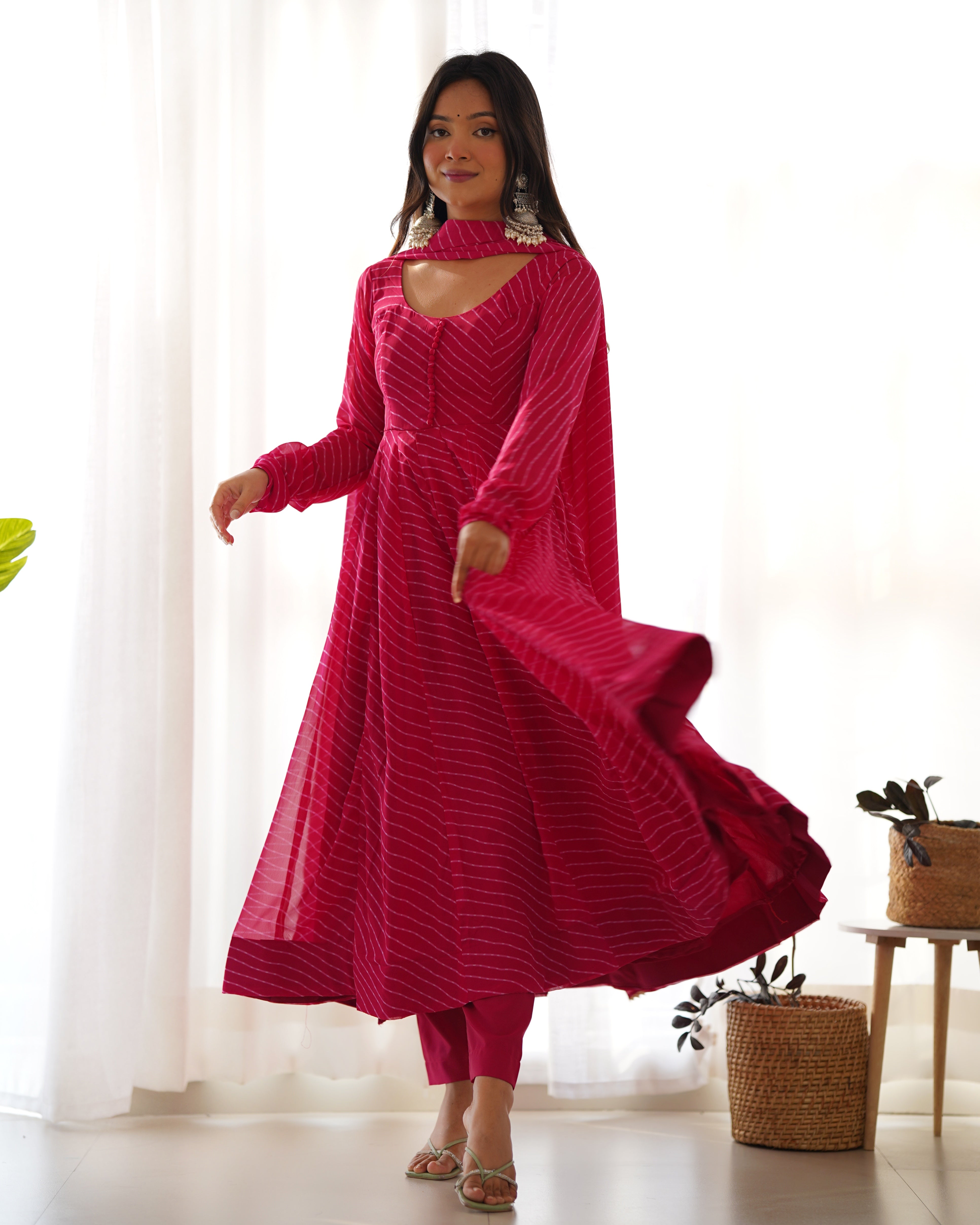 Rani Pink Pure Soft Fox Georgette Anarkali Suit Set With Huge Flair, Dupatta & Pant