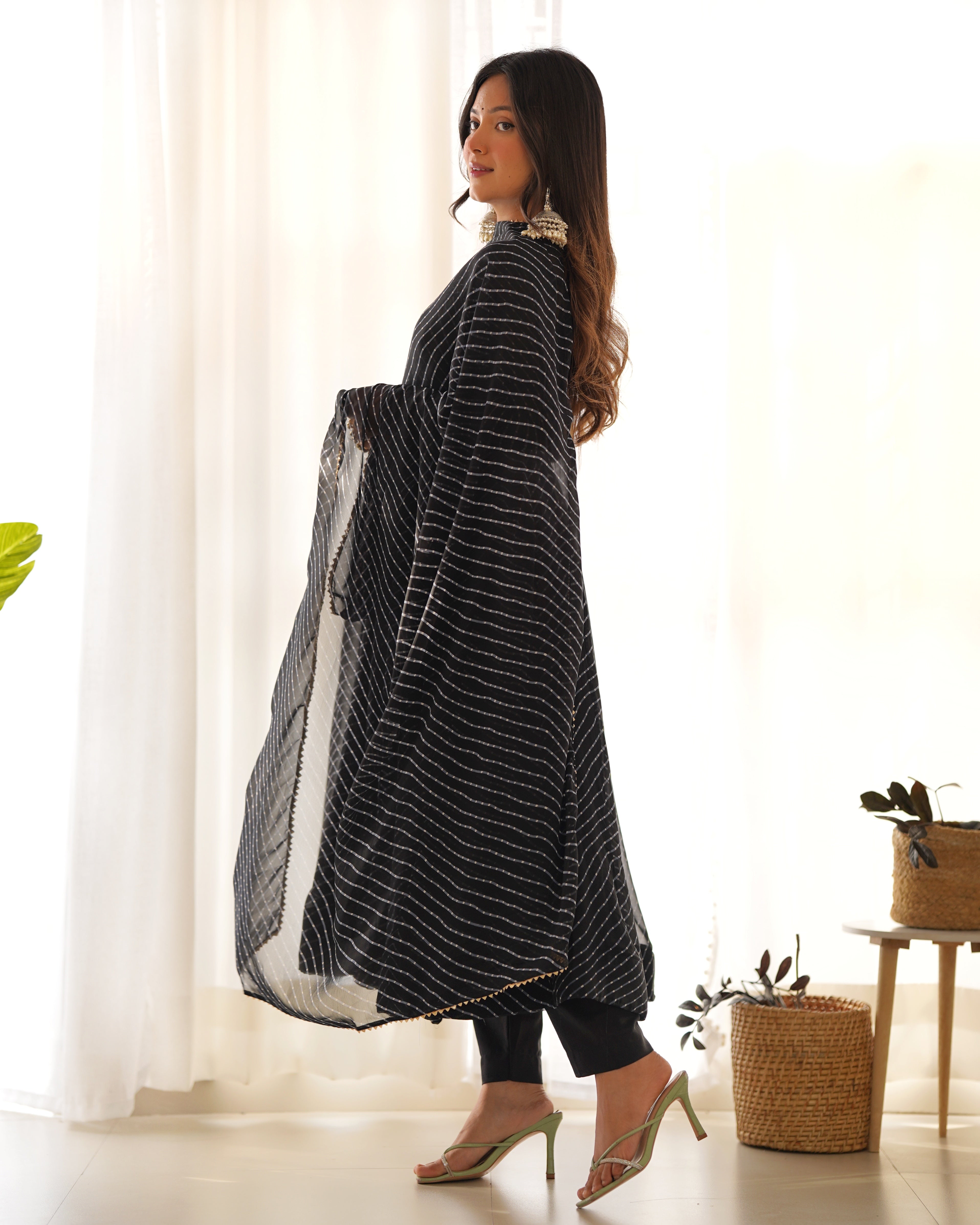 Black Pure Soft Fox Georgette Anarkali Suit Set With Huge Flair, Dupatta & Pant