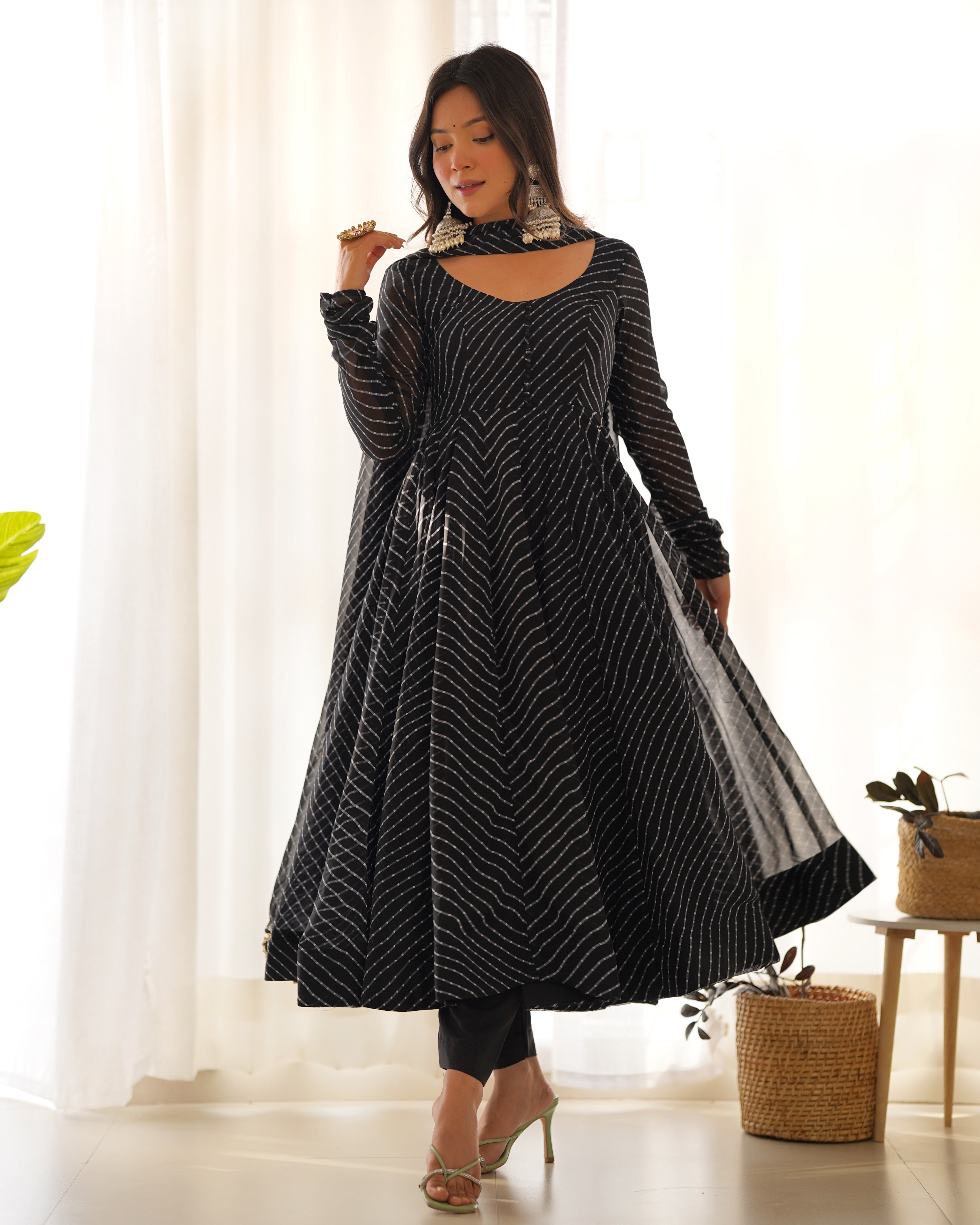 Black Pure Soft Fox Georgette Anarkali Suit Set With Huge Flair, Dupatta & Pant