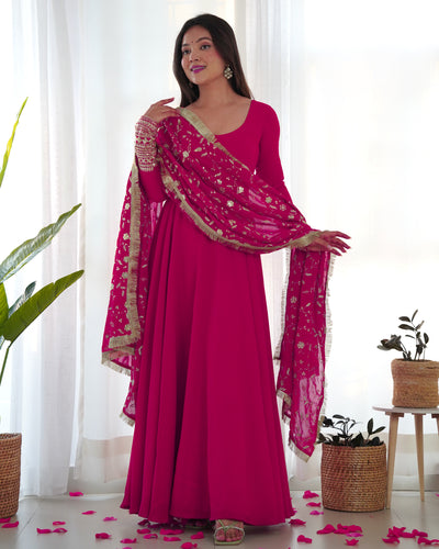 Rani Pink Pure Soft Fox Georgette Anarkali Suit Set With Huge Flair, Dupatta & Pant