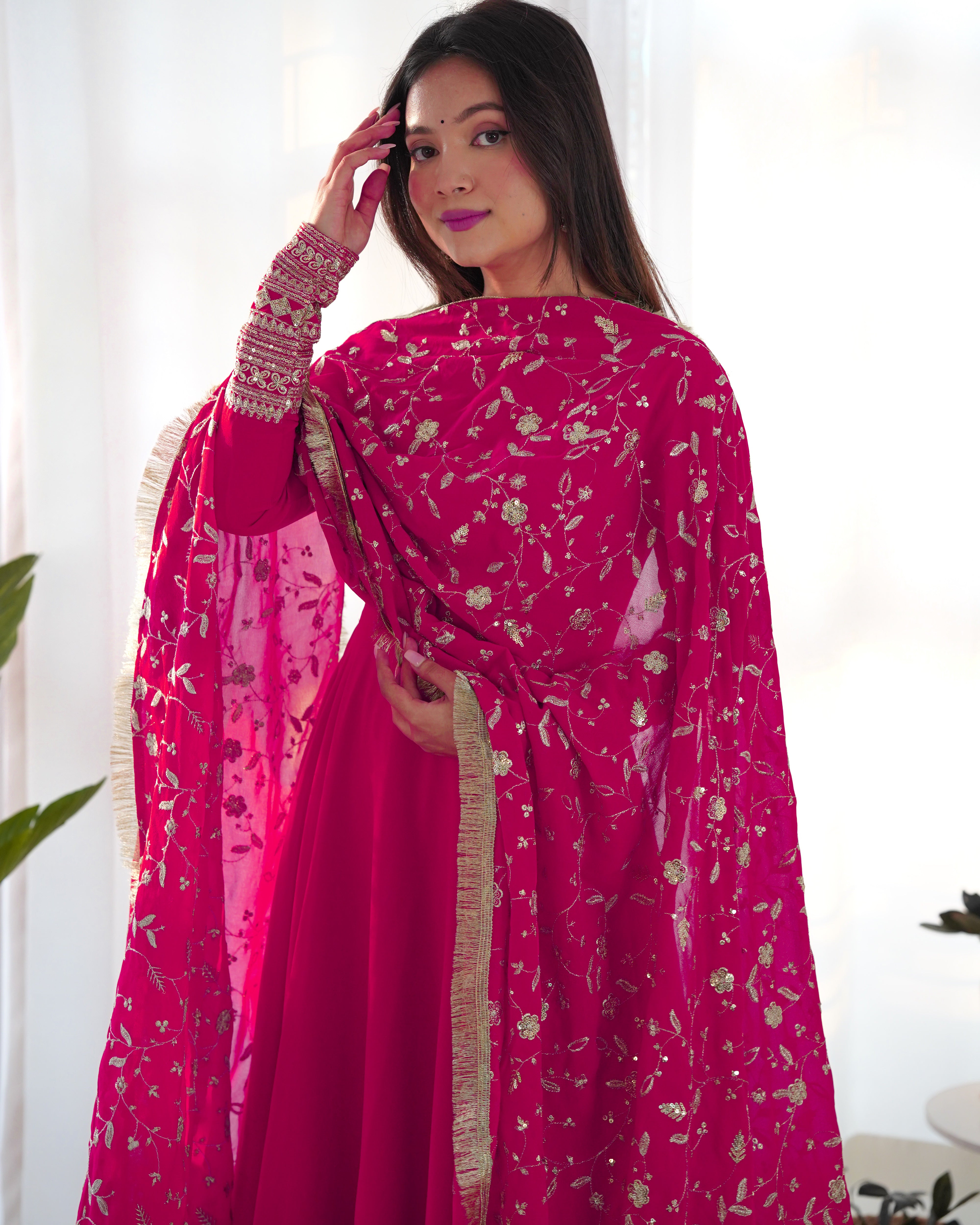 Rani Pink Pure Soft Fox Georgette Anarkali Suit Set With Huge Flair, Dupatta & Pant