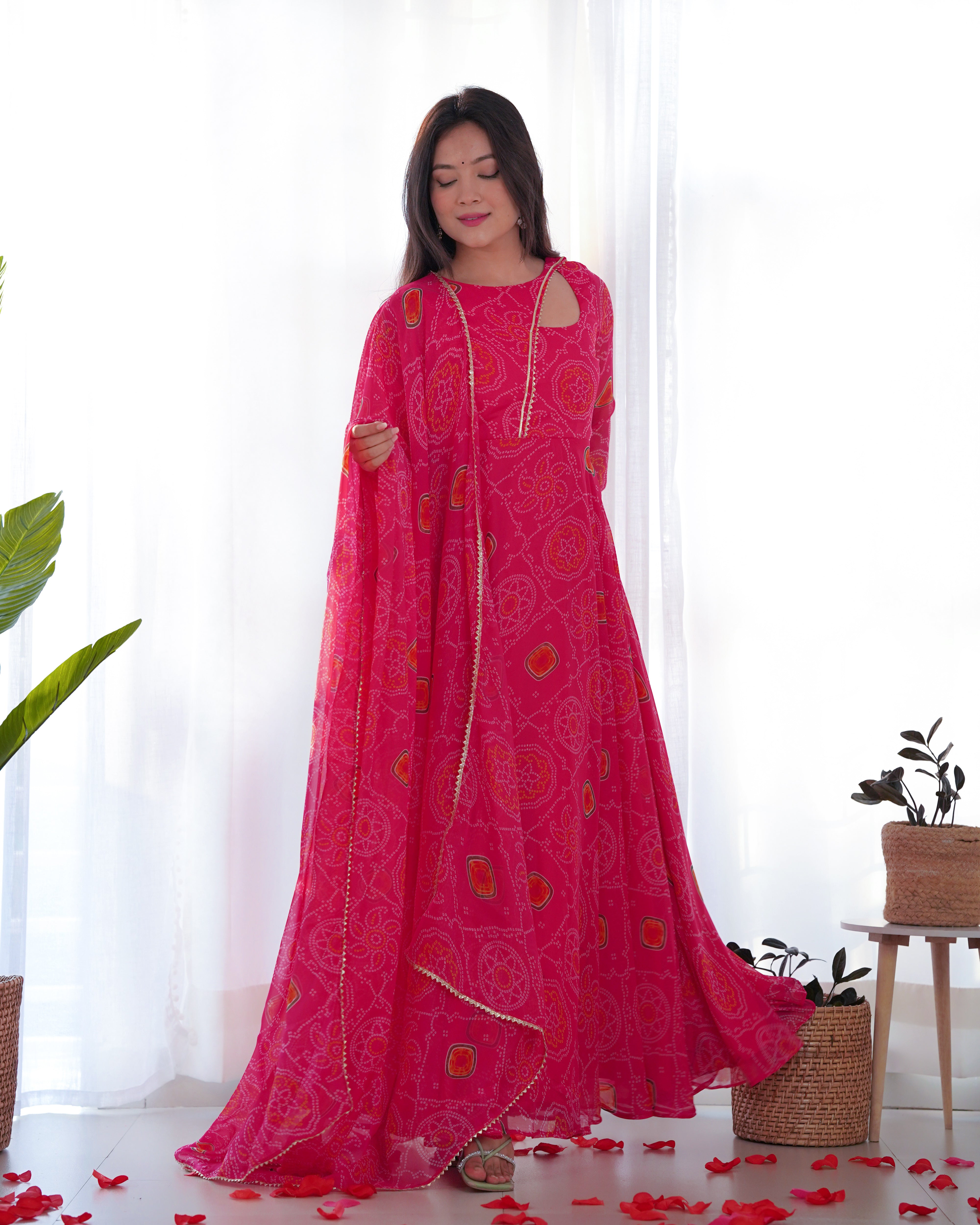 Pink Pure Soft Lightweight Chiffon Bandhej Anarkali Suit Set With Huge Flair, Dupatta & Pant