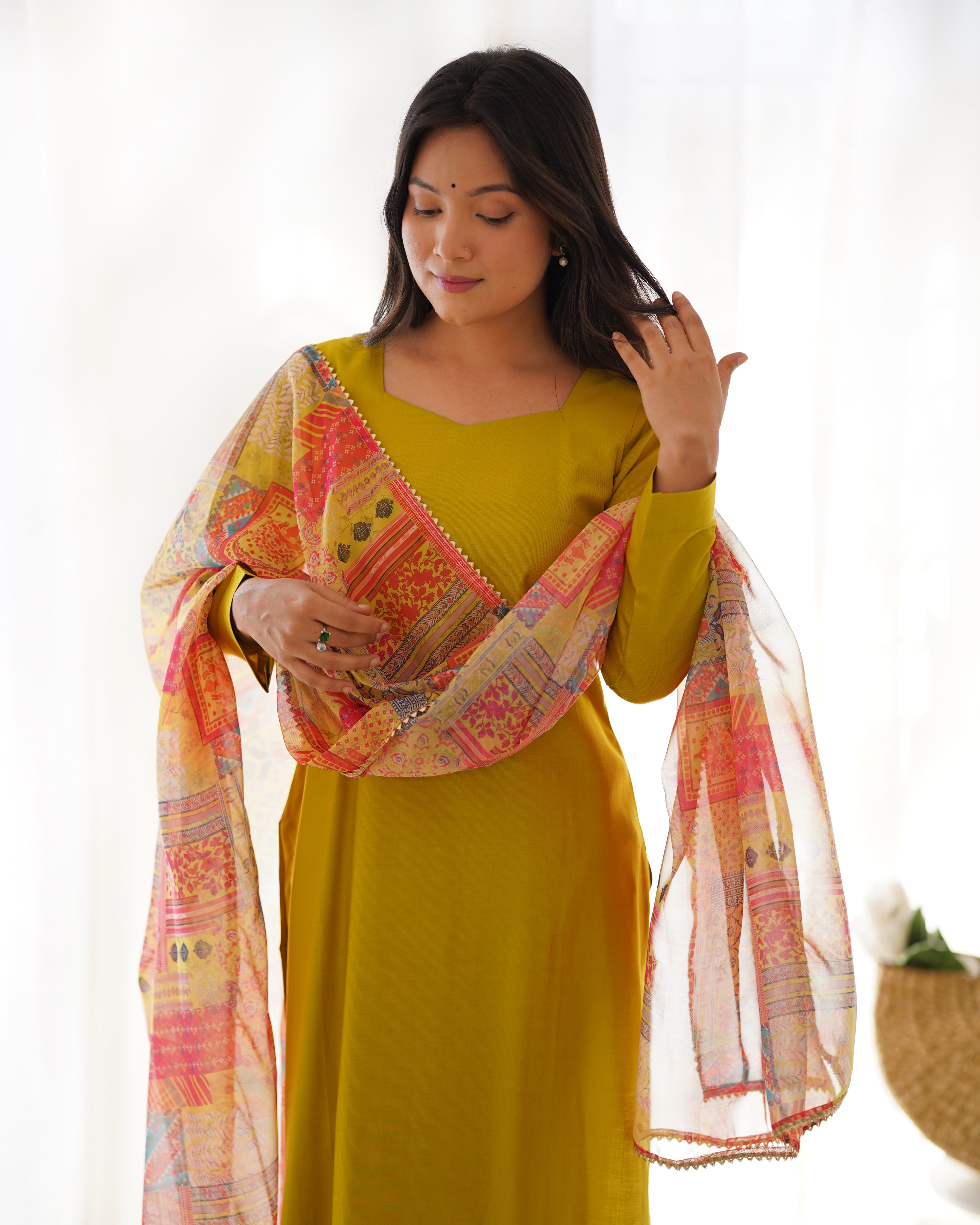 Lemon Green Pure Soft Viscose Kurta Suit Set With Dupatta & Pant