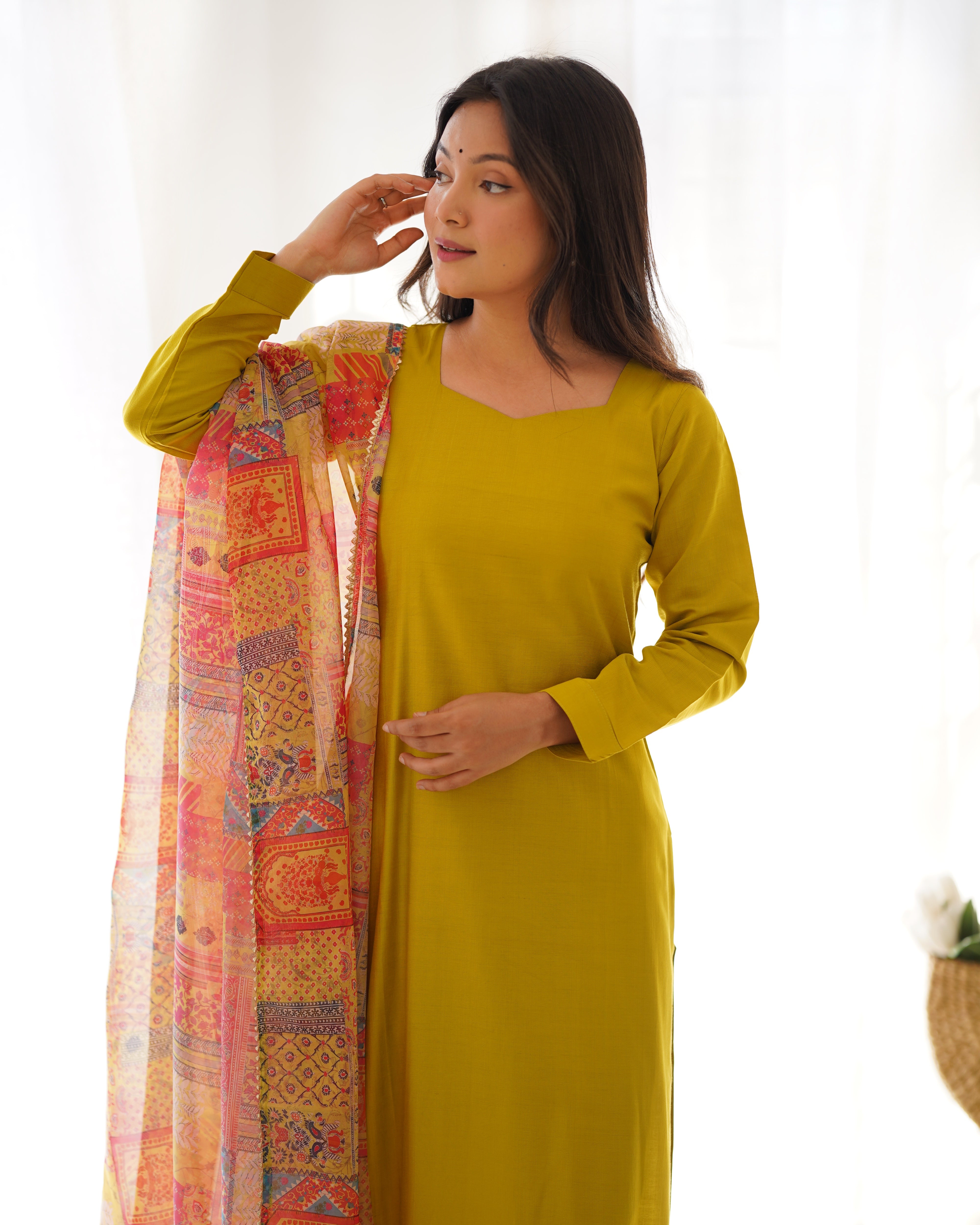 Lemon Green Pure Soft Viscose Kurta Suit Set With Dupatta & Pant