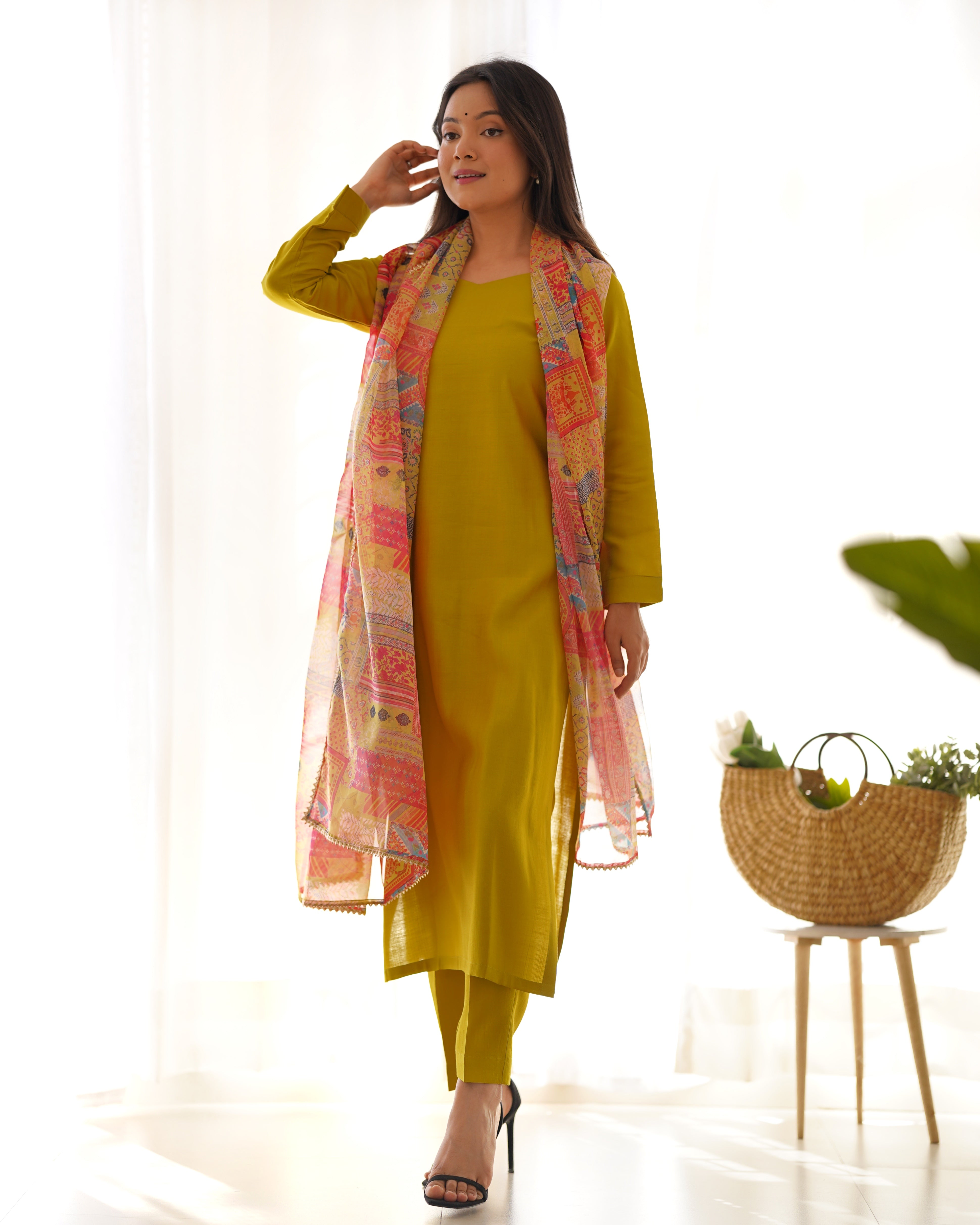 Lemon Green Pure Soft Viscose Kurta Suit Set With Dupatta & Pant