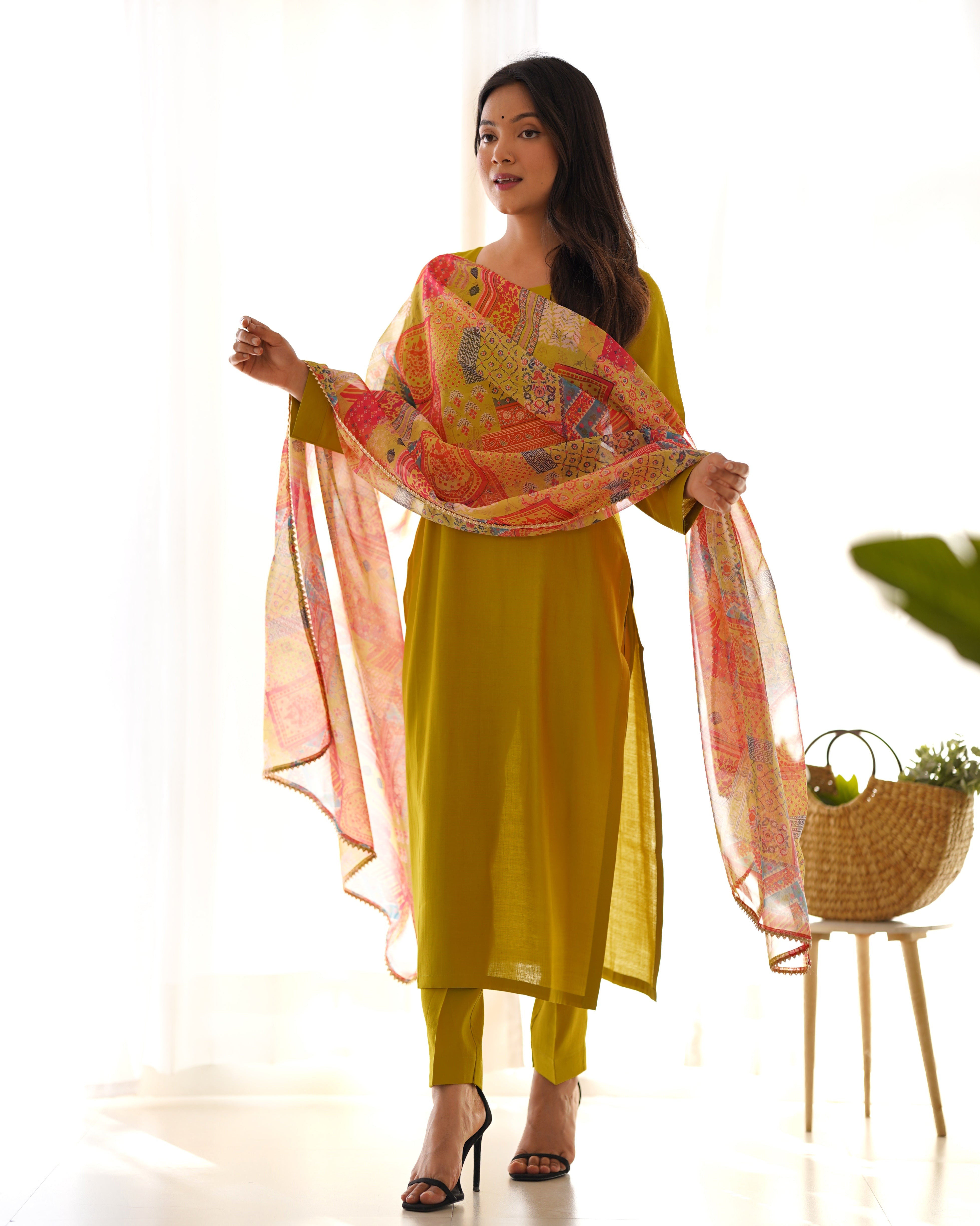 Lemon Green Pure Soft Viscose Kurta Suit Set With Dupatta & Pant